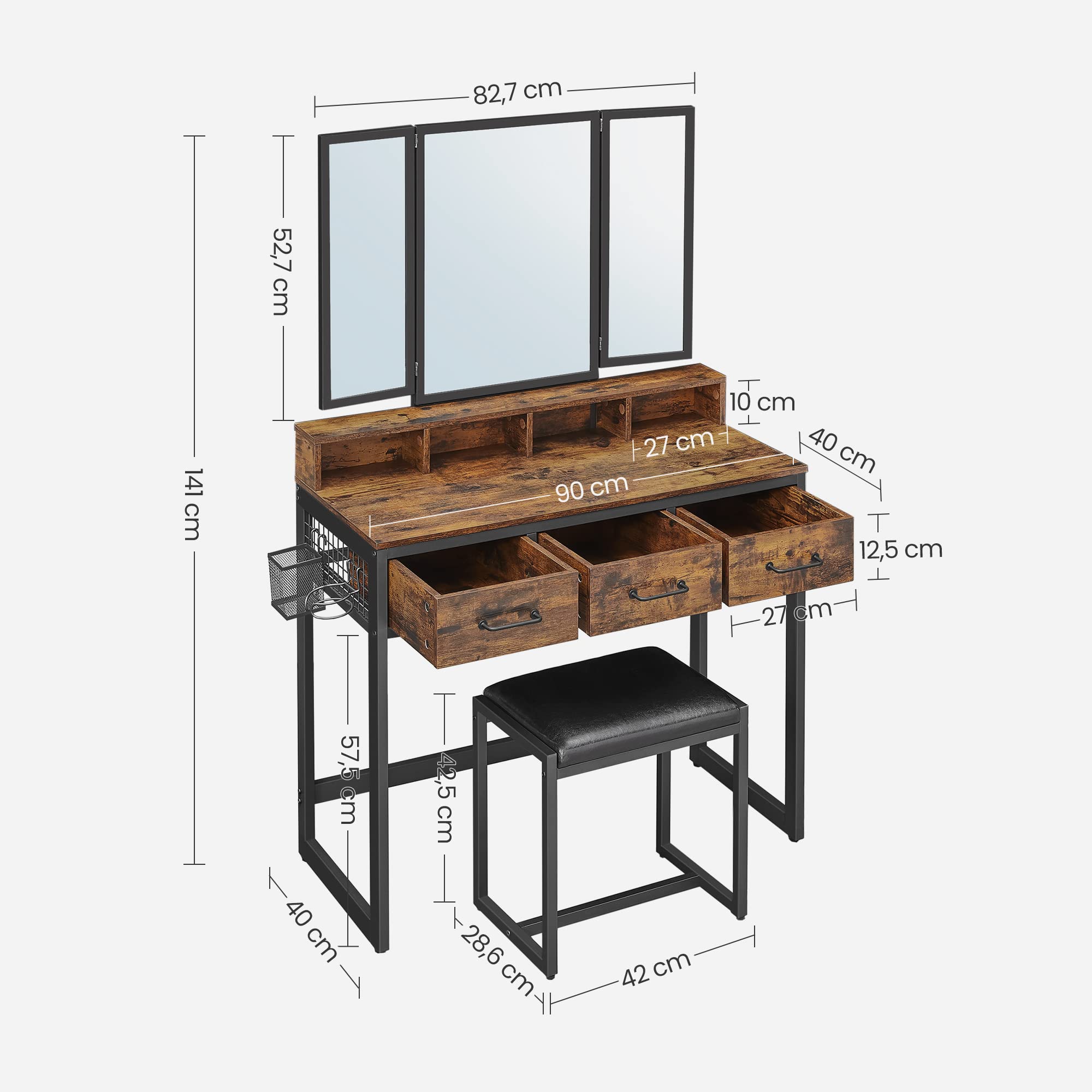 VASAGLE Dressing Table with Tri-Fold Mirror and Stool | 3 Drawers | Industrial Style | Rustic Brown/Black 5