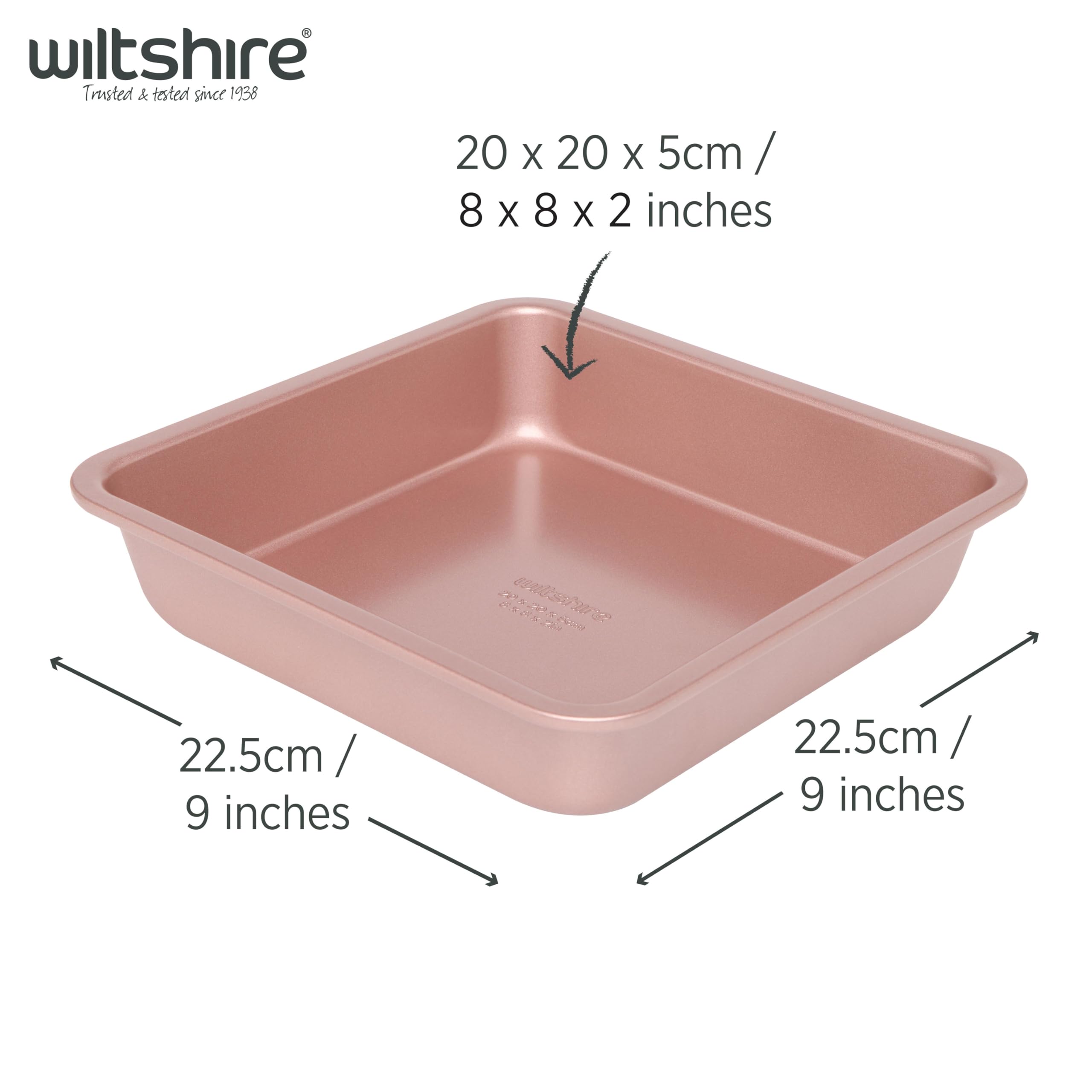 Wiltshire Rose Gold Square Cake Pan - Non-Stick Carbon Steel | 22x22x5cm Exterior 3