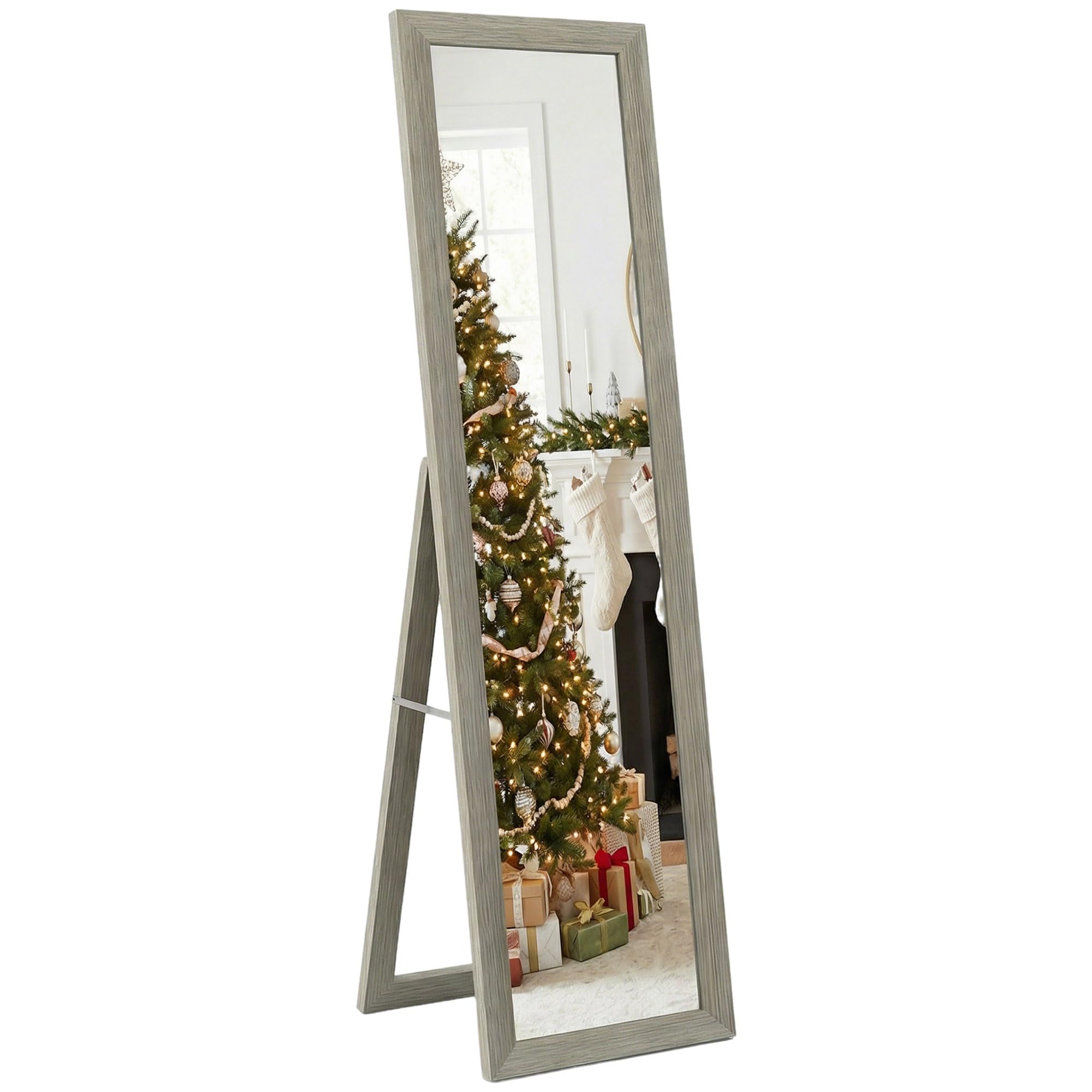 HOMCOM Full Length Floor Mirror - Grey Wood-Effect Frame | 157H x 37W cm | Wall Mount or Stand