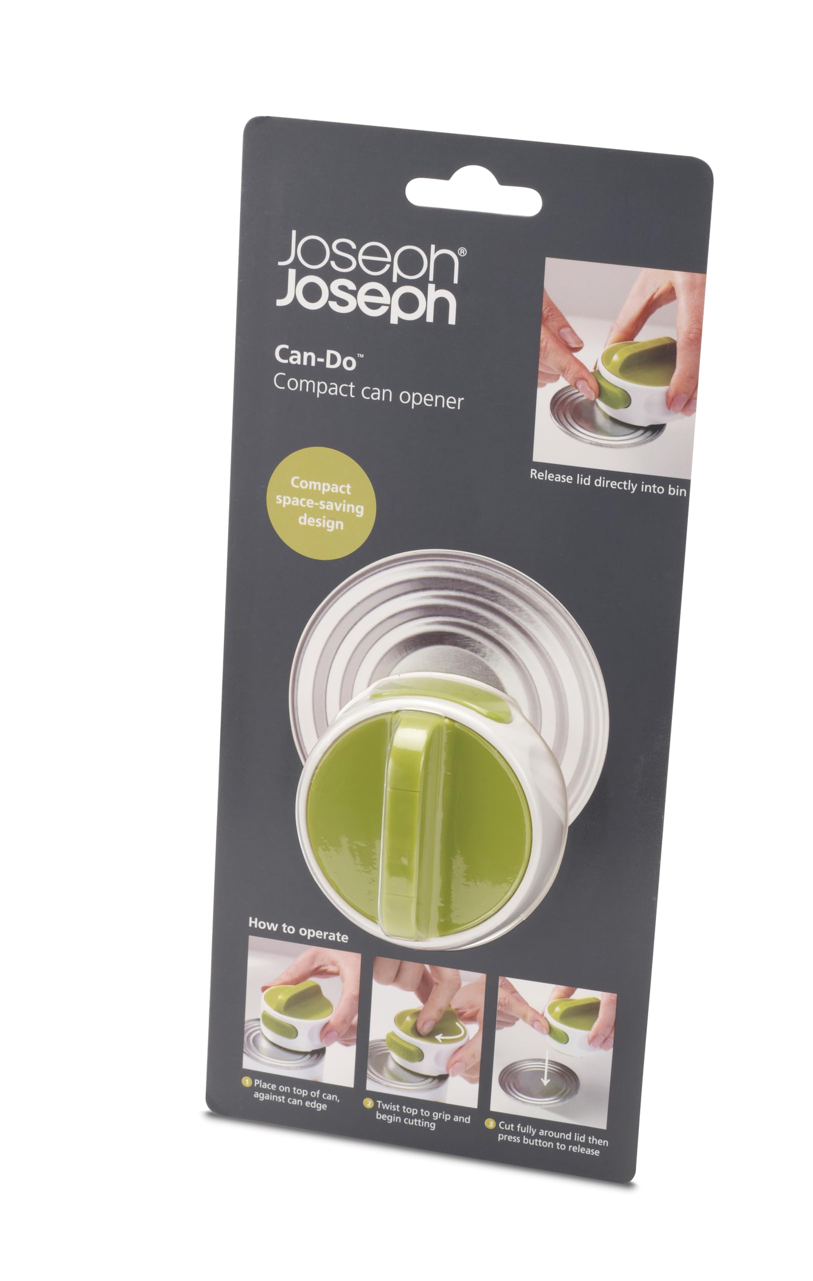 Joseph Joseph Can-Do Compact Can Opener - Space-Saving Circular Design | White/Green Plastic 5