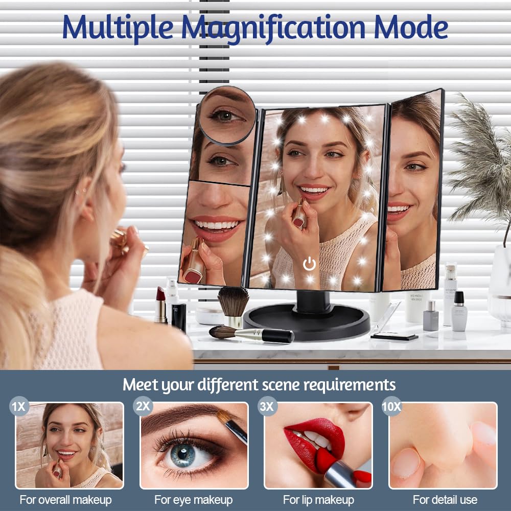 Woobroo Lighted Makeup Mirror - 22 LED, 1x/2x/3x/10x Magnification, Touch Control | Black 3