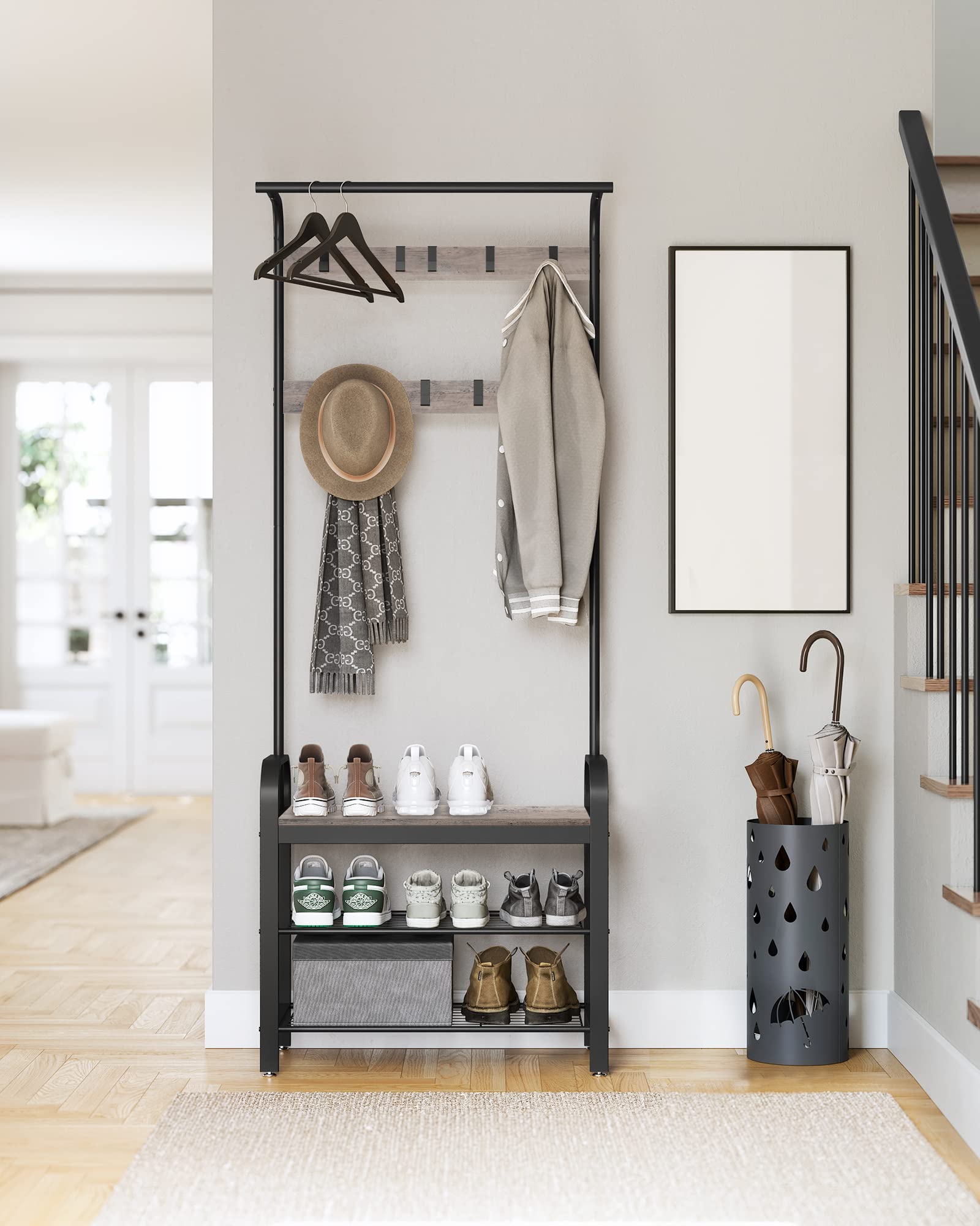 VASAGLE 4-in-1 Coat Rack with Shoe Storage Bench | 9 Removable Hooks | Greige & Black | 72 x 34 x 183 cm 9