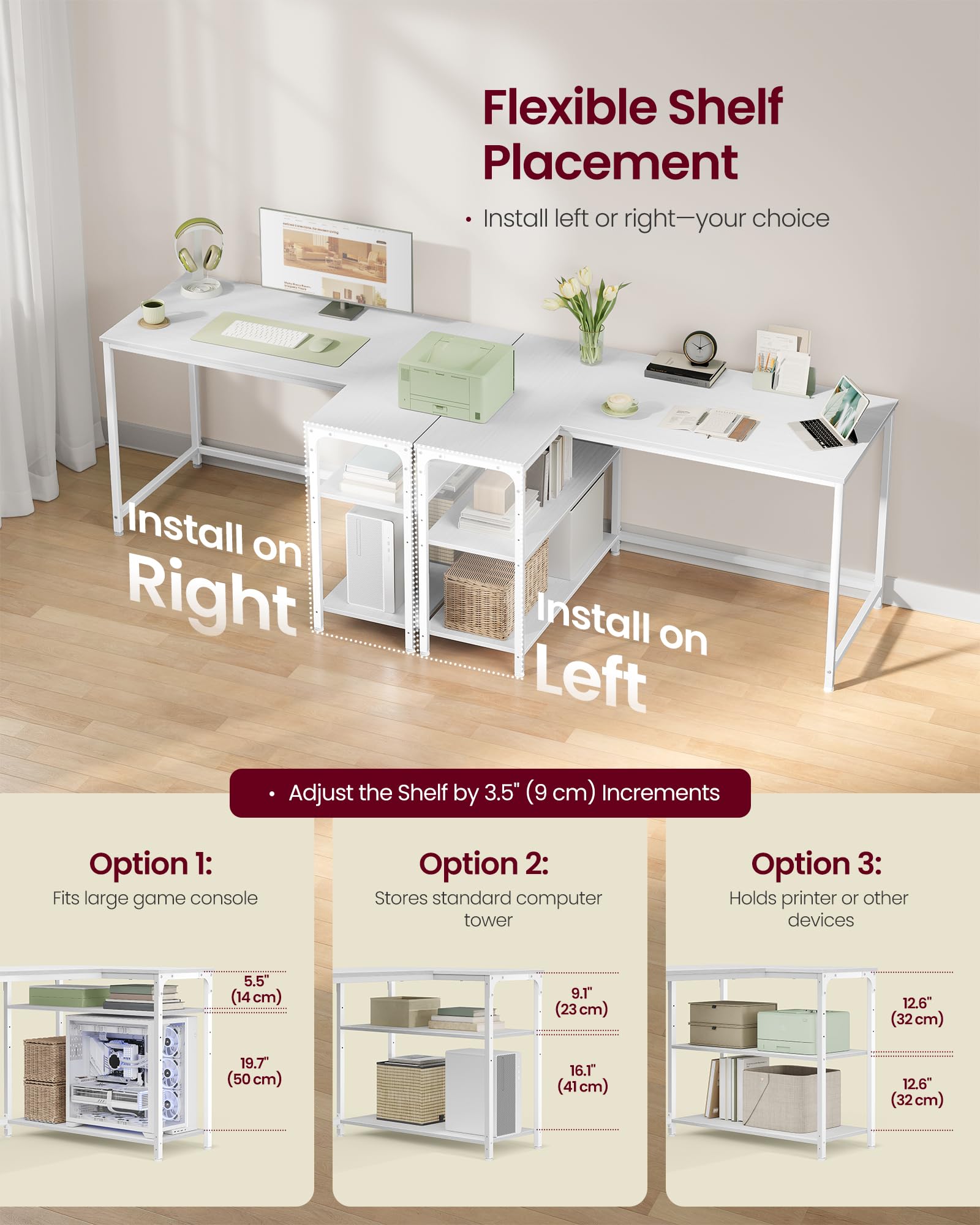 VASAGLE L Shaped Corner Desk - Reversible Storage | Maple White | 110 x 80 cm 5