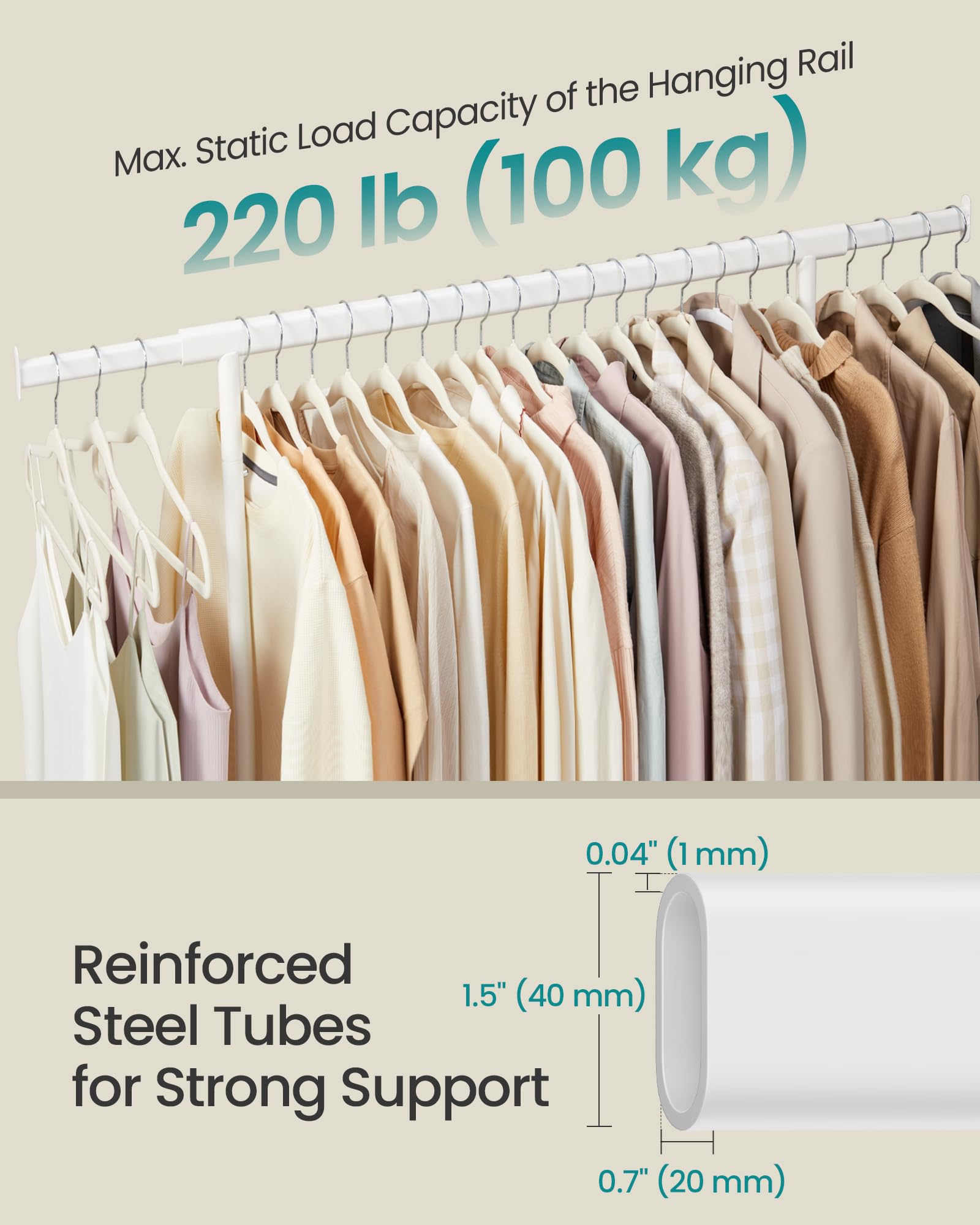 SONGMICS Heavy Duty Clothes Rack on Wheels - 100 kg Load Capacity | Extendable Rail (92-132 cm W) | White 3