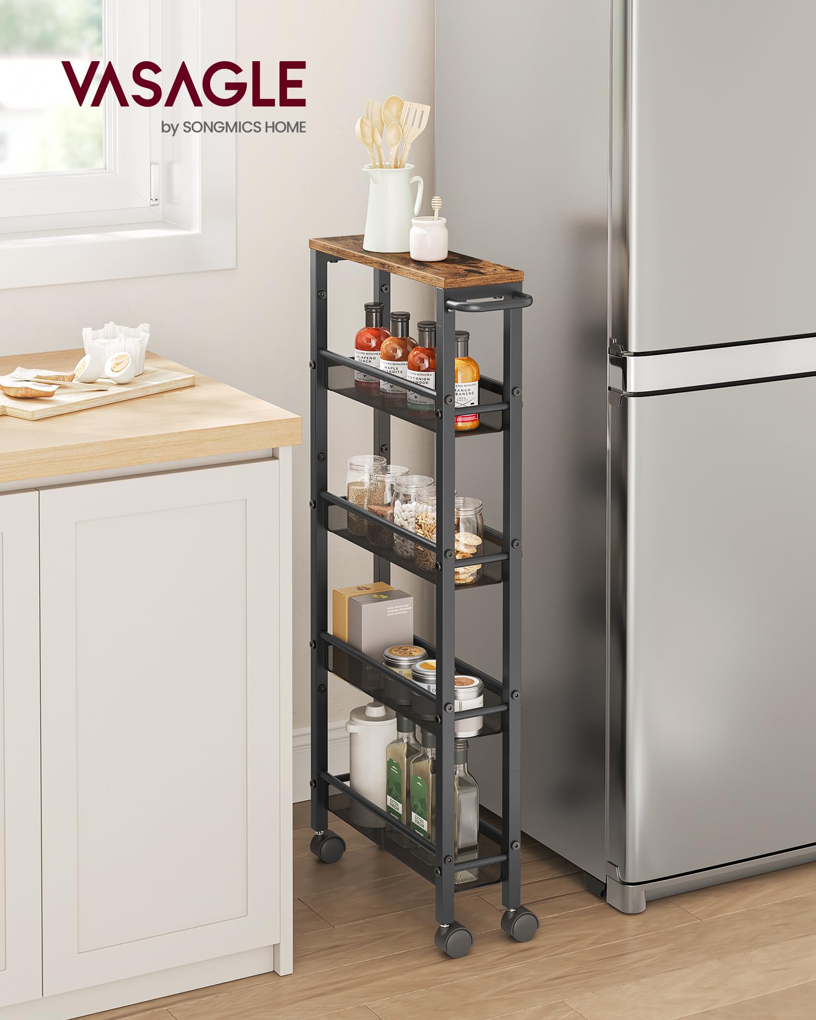 VASAGLE 5-Tier Kitchen Storage Cart with Castors | Slim 13cm Deep | Rustic Brown + Black 2