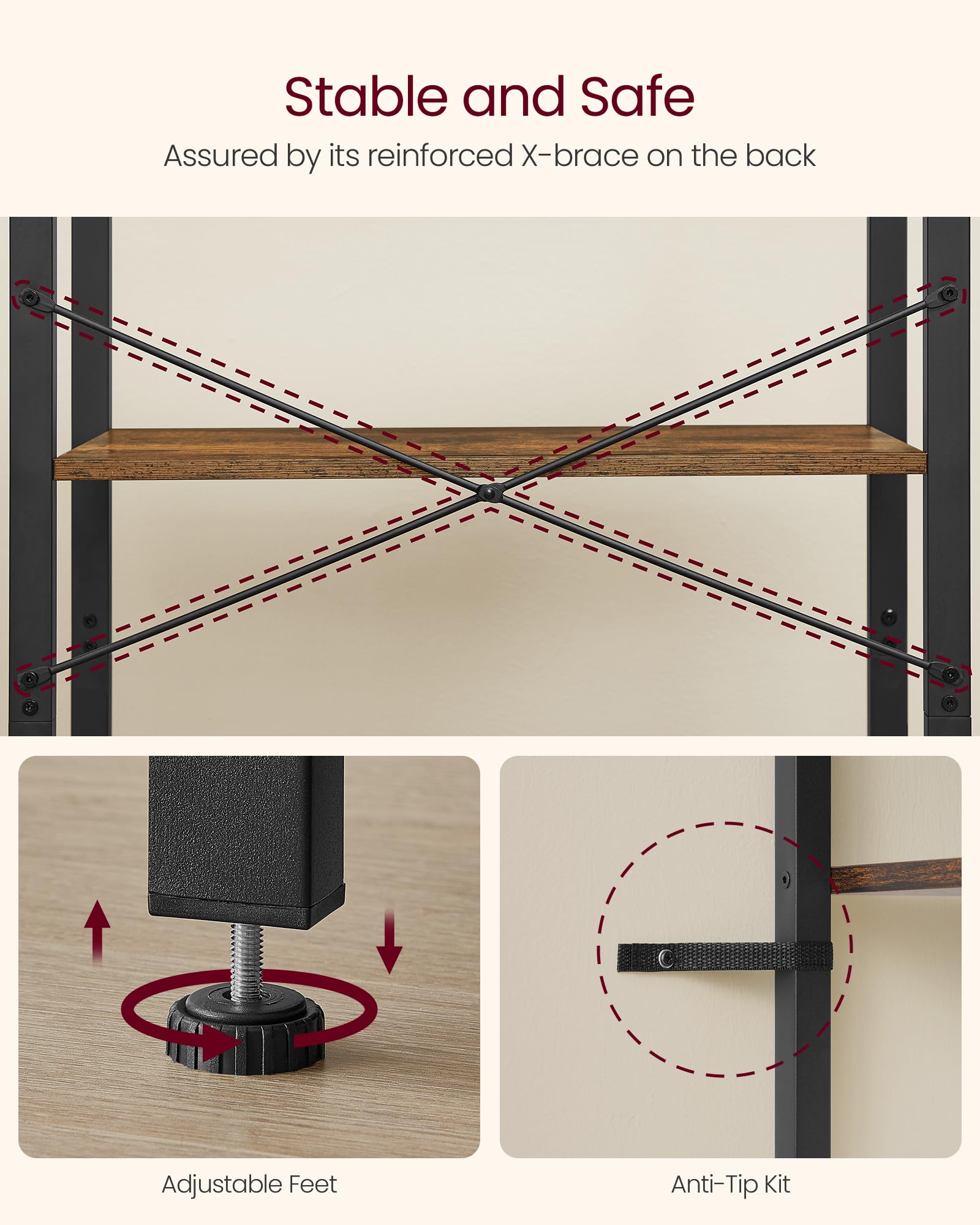 VASAGLE 4-Tier Bookshelf - Industrial Style Storage | Rustic Brown & Ink Black | 30 x 66 x 120 cm 4