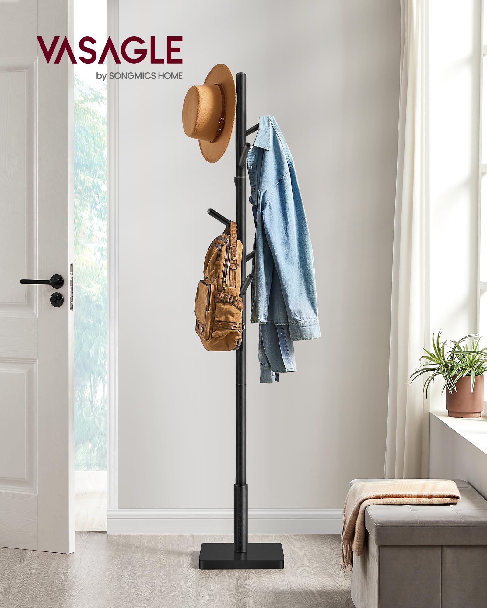 VASAGLE Freestanding Solid Wood Coat Rack | Adjustable Height | Ink Black | Holds 24 kg