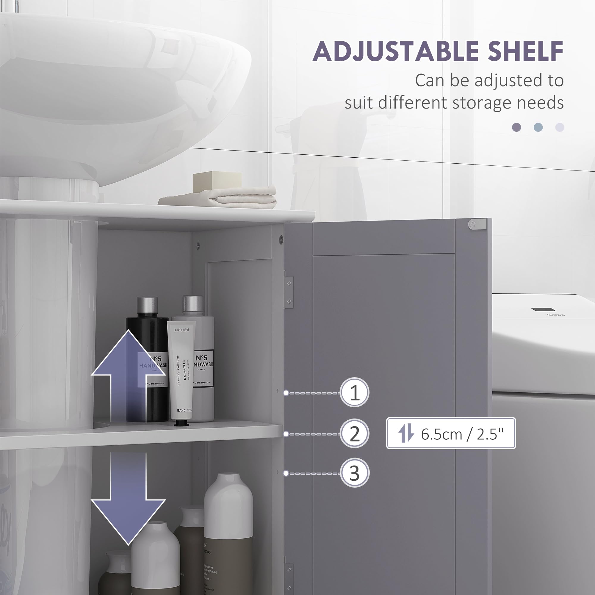 kleankin Freestanding Under Sink Bathroom Cabinet - 60H x 60L x 30Wcm | MDF | White/Grey 6
