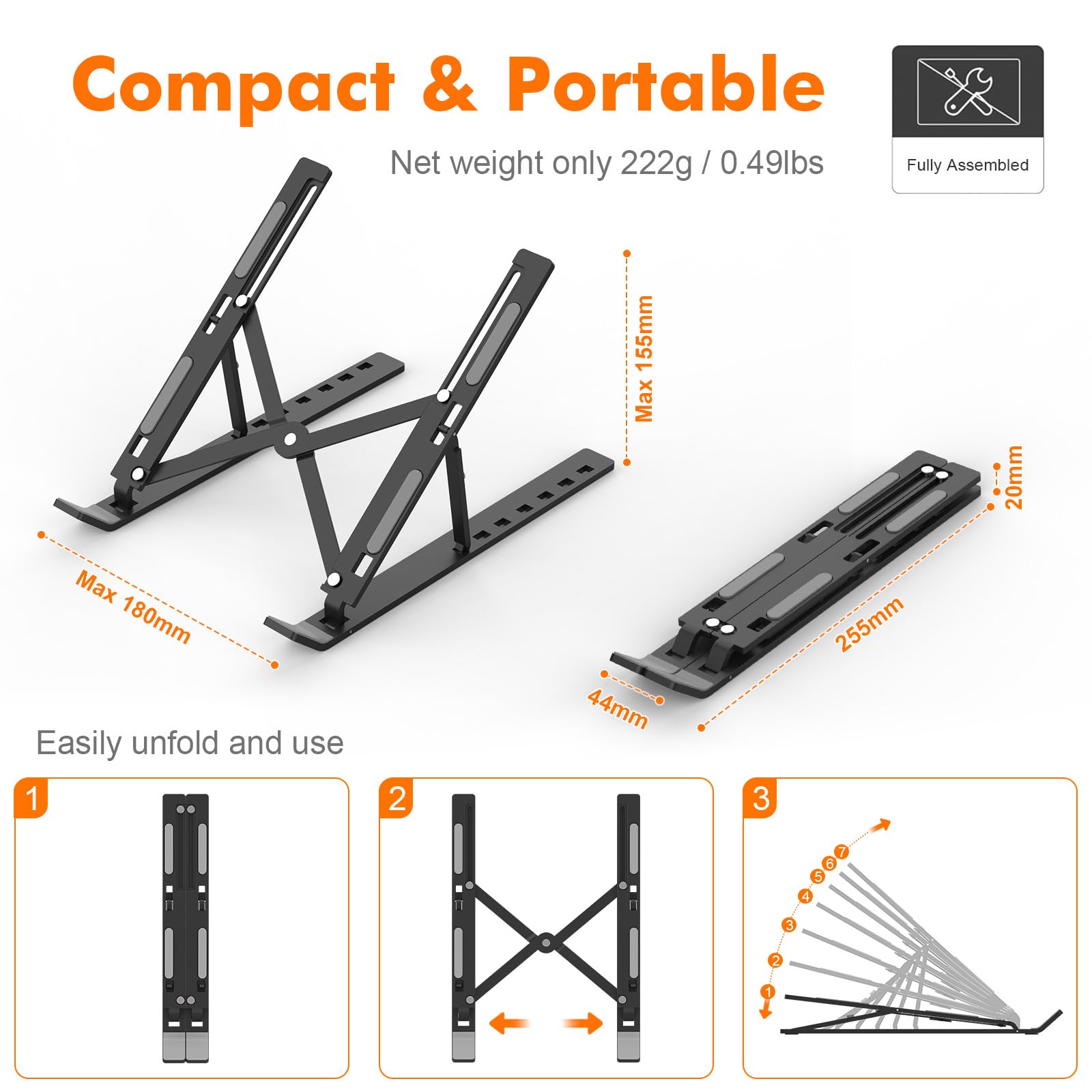 GRIFEMA GB1054B Black Adjustable Laptop Stand for Desk | Aluminum, Foldable, Ergonomic 3