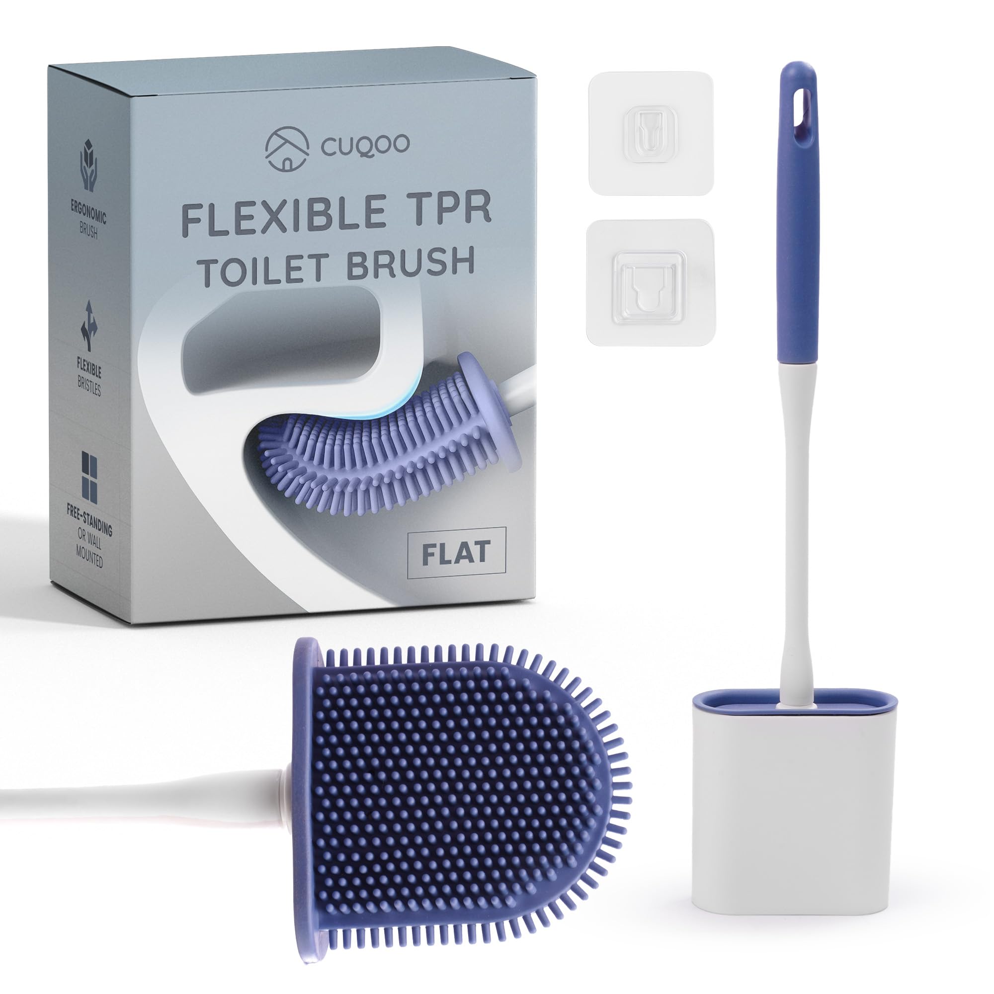 CUQOO Silicone Toilet Brush and Holder Set - Flexible TPR Bristles for Deep Cleaning | Ventilated Holder | White 1