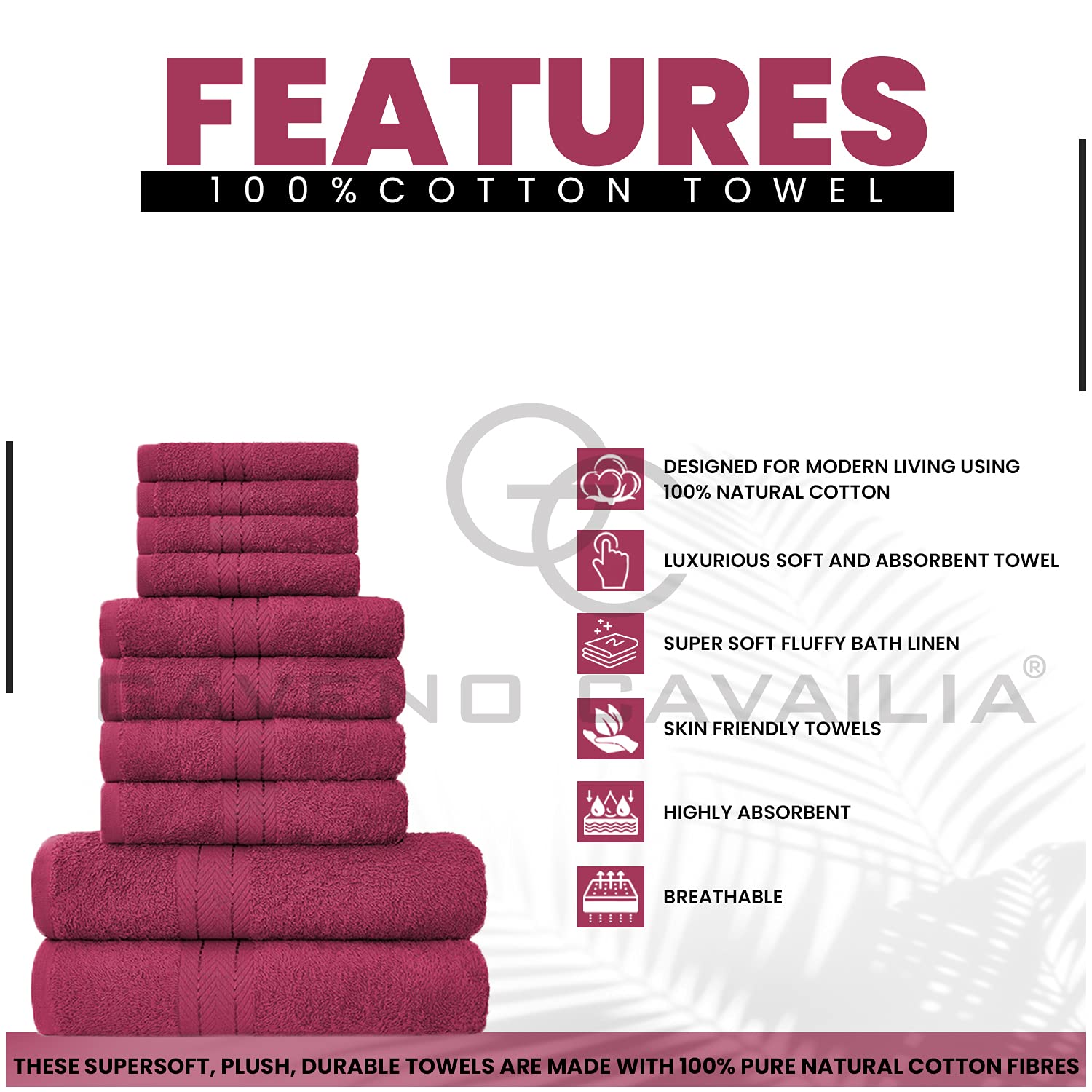 GC GAVENO CAVAILIA 10 Piece Cotton Towel Bale Set | 450 GSM | Deep Red | Quick Drying 2