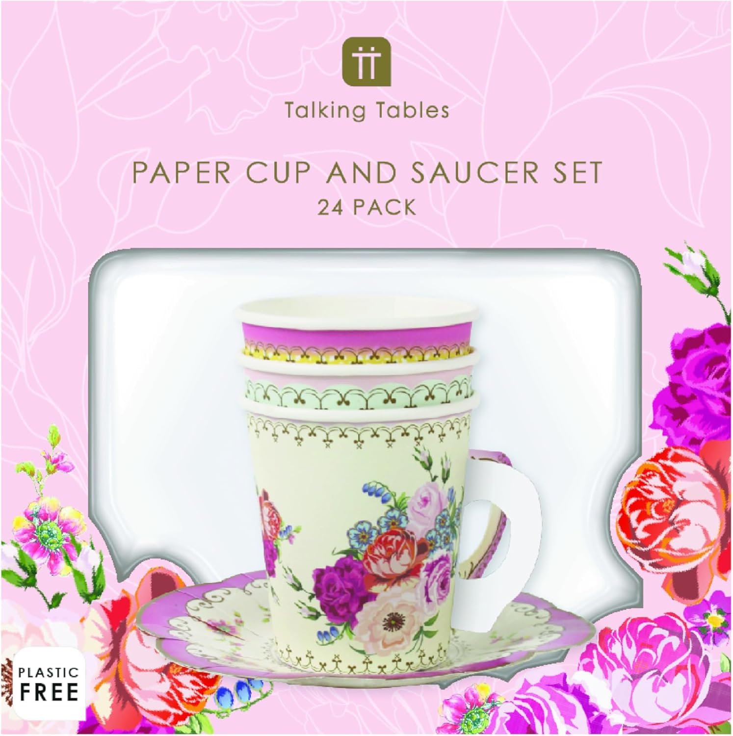 Talking Tables Pack of 24 Vintage Floral Cup & Saucer Set | Paper | 170ml Capacity 9