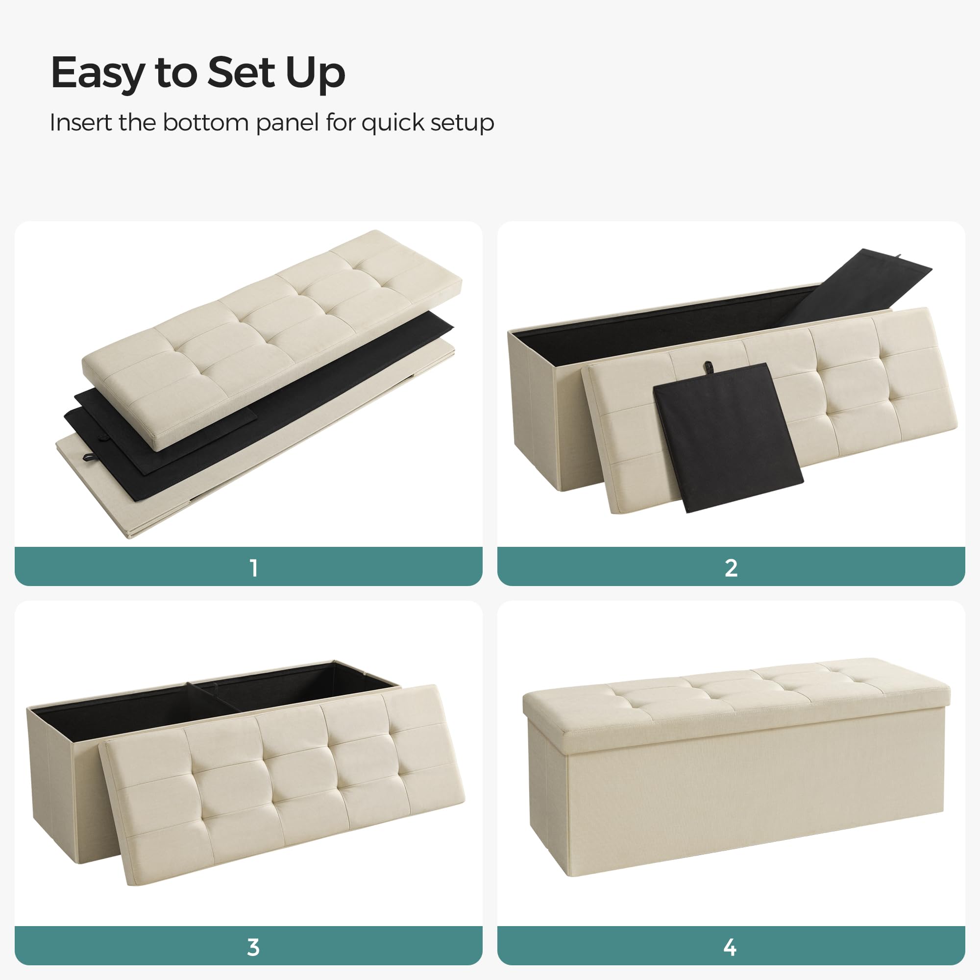 SONGMICS MAZIE Storage Ottoman Bench - 110 cm Folding Foot Rest | 300 kg Capacity | Cream White 9