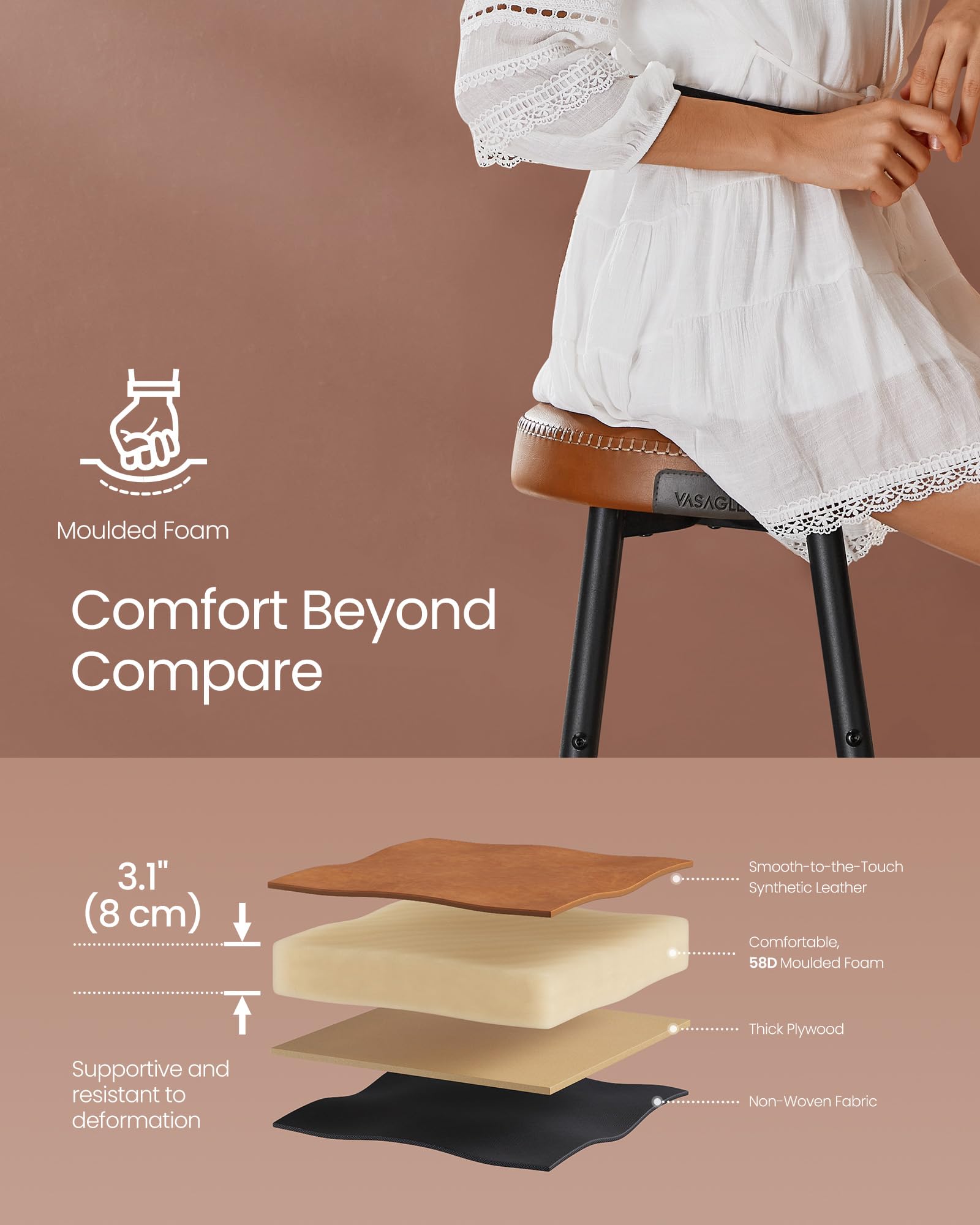 VASAGLE EKHO Collection Bar Stools Set of 2 - Caramel Brown | 51.6cm D x 76.2cm H 7