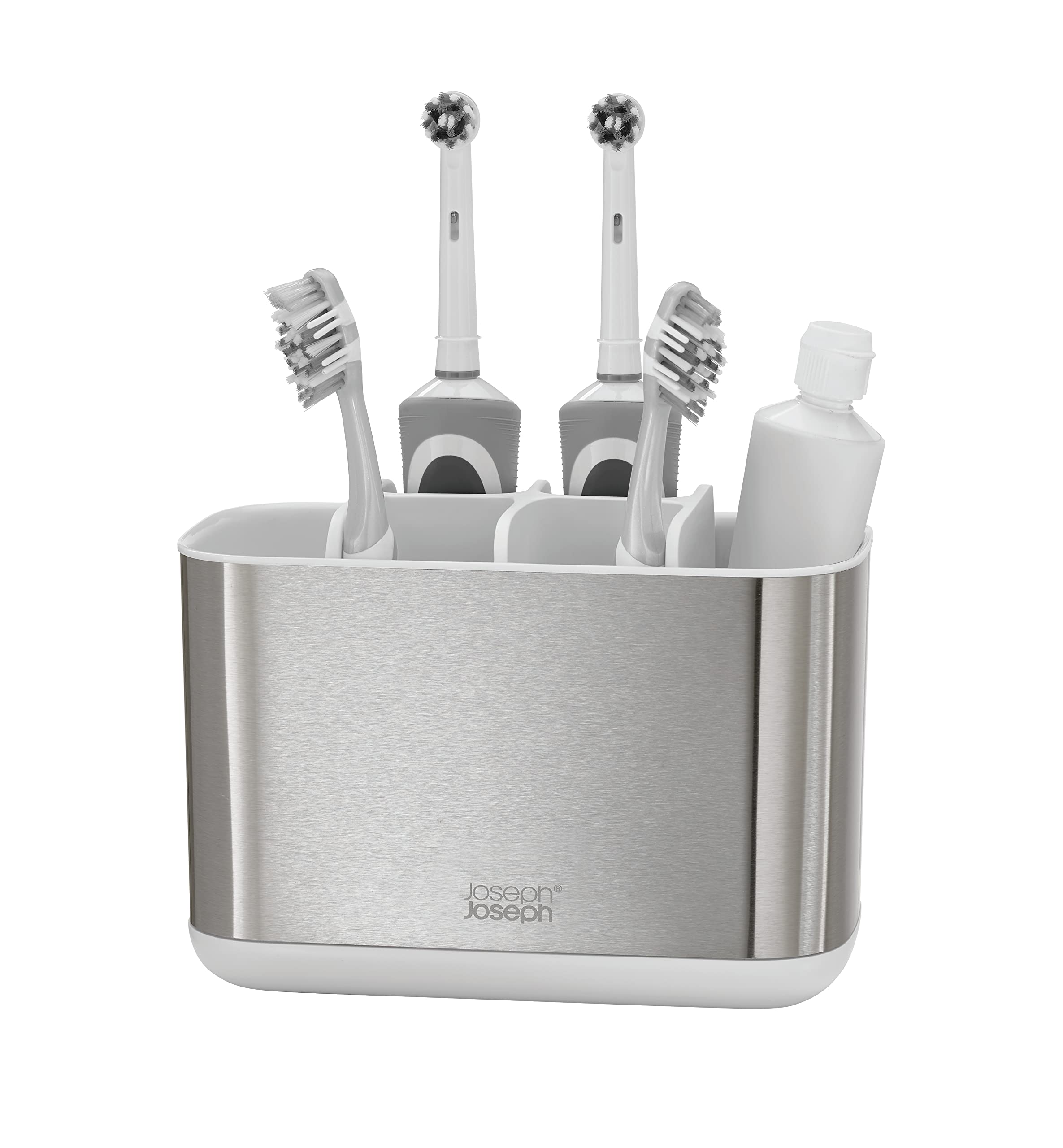Joseph Joseph Easy-Store Large Toothbrush Holder Caddy - White/Steel | Ventilated & Fingerprint-Resistant