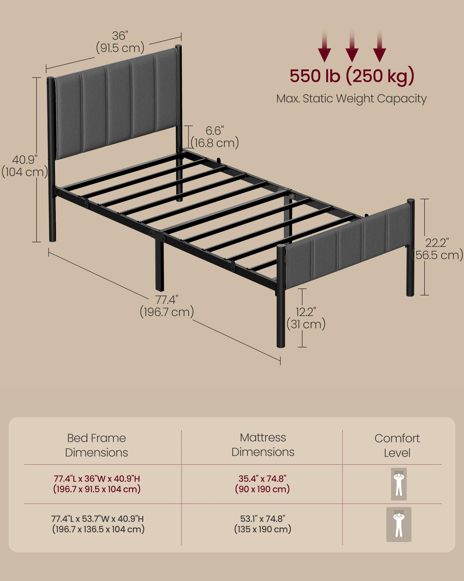 VASAGLE Single Bed Frame 90 x 190 cm with Upholstered Headboard | Slate Grey | Squeak Resistant 2