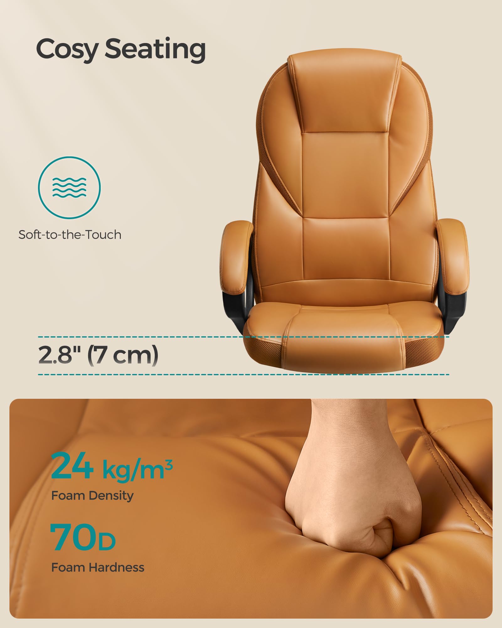 SONGMICS Ergonomic Swivel Desk Chair - Adjustable Height, Silent Castors, Caramel Brown | Max Load 150 kg 4