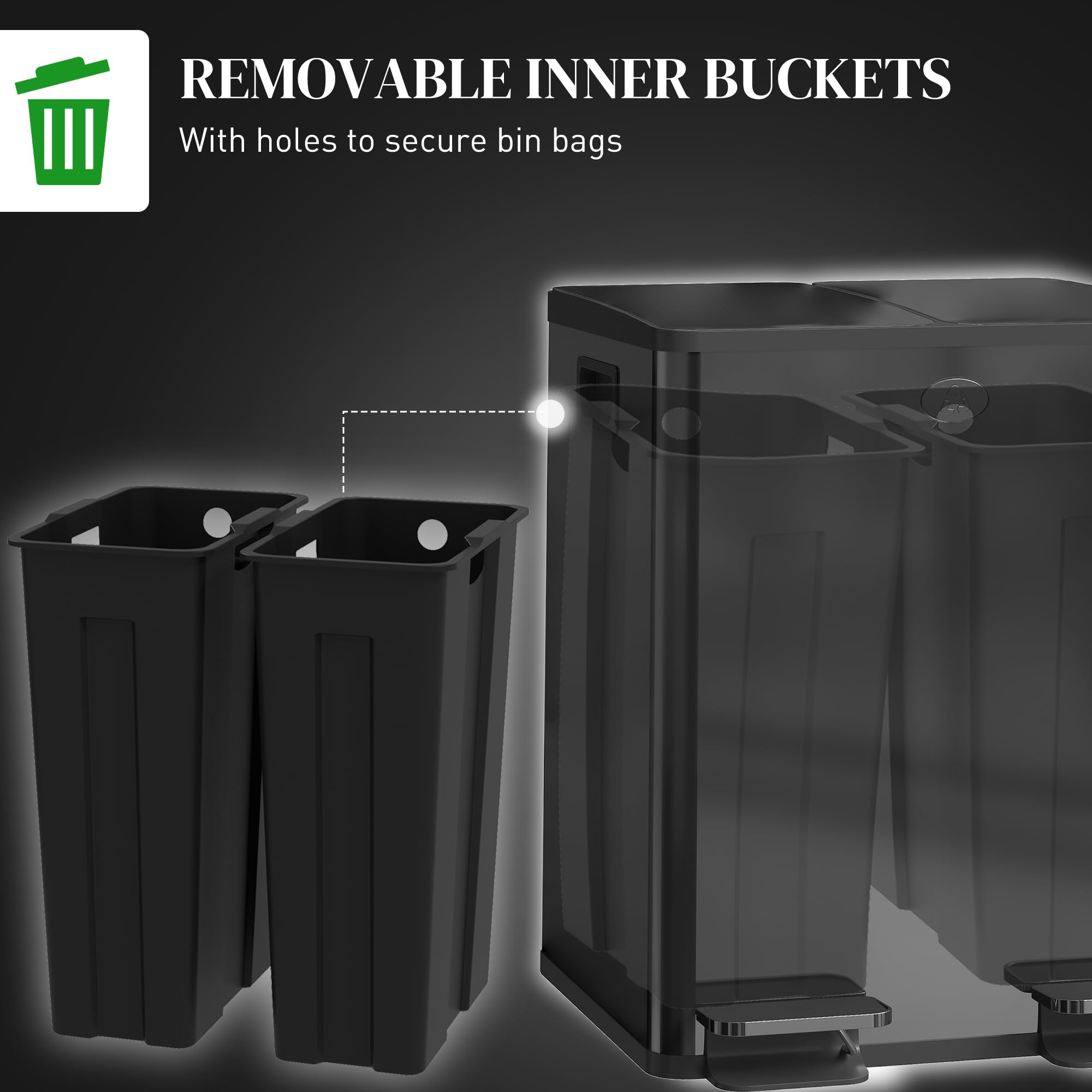HOMCOM Dual Kitchen Recycling Bin - 2 x 20L Capacity | Stainless Steel | Pedal Opening 7