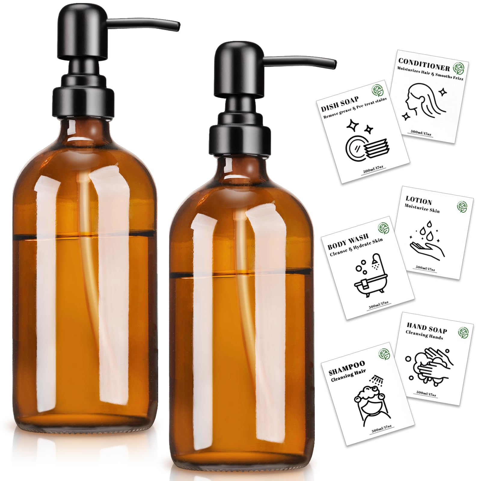 Euqvunn 500ml Amber Glass Soap Dispenser - 2 Pack Refillable Pump Bottles with Stainless Steel Pump
