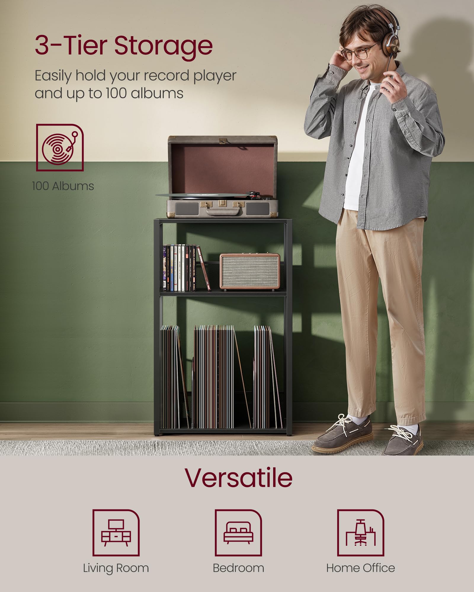 VASAGLE Record Player Stand & End Table - 3-Tier Storage for 100 Albums | Ebony Black 3