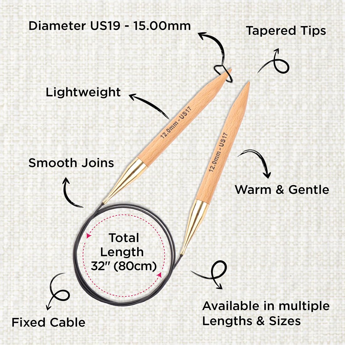 KnitPro Basix Beech Fixed Circular Needles - 15.00mm | 80cm Length | Beech Wood 3