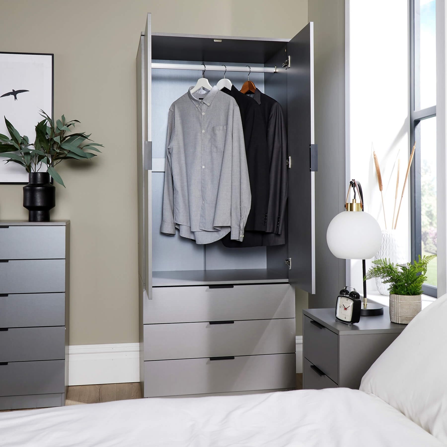 Home Source Phoenix Wardrobe - 2 Doors, 3 Drawers | Grey | 181cm H x 75cm W x 50cm D | Engineered Wood 4