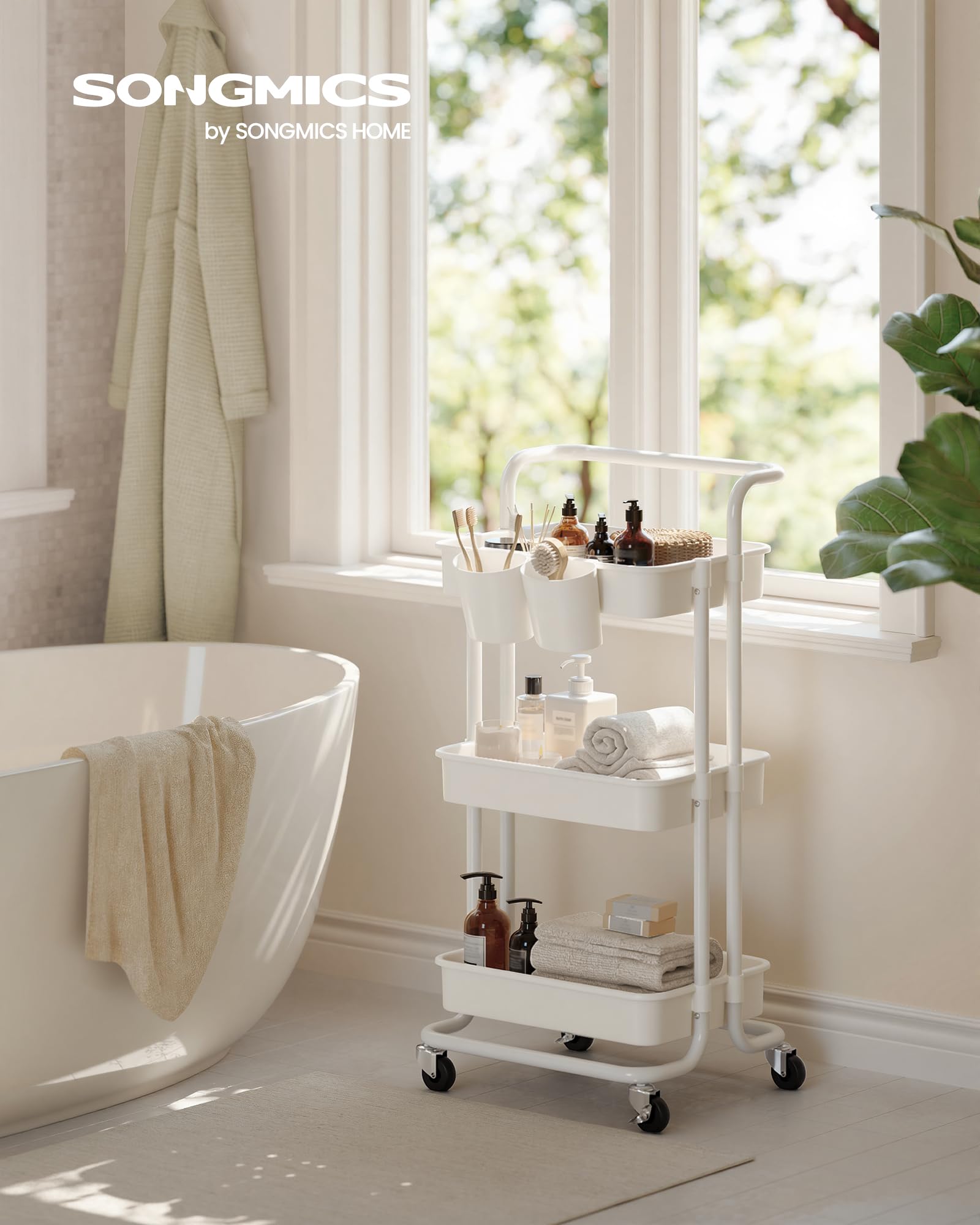 SONGMICS 3-Tier Rolling Storage Cart with Handle | Plastic Alloy Steel | White