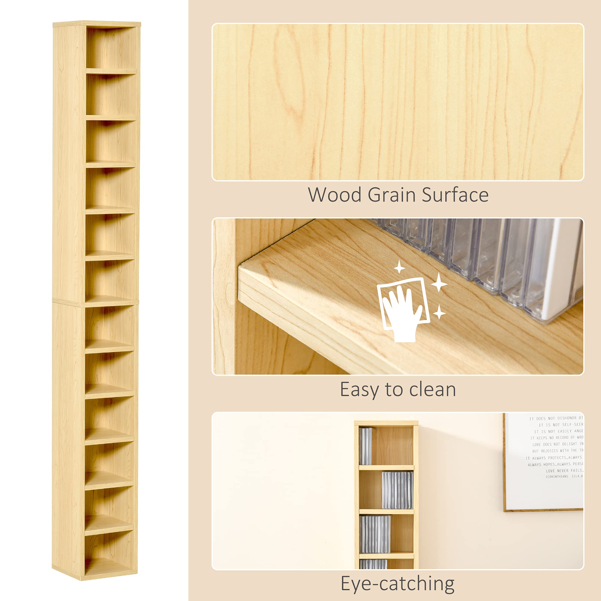 HOMCOM CD/DVD Storage Tower - 12 Cubes, 204 Capacity, 175cm Tall | Pine Wood Colour 4