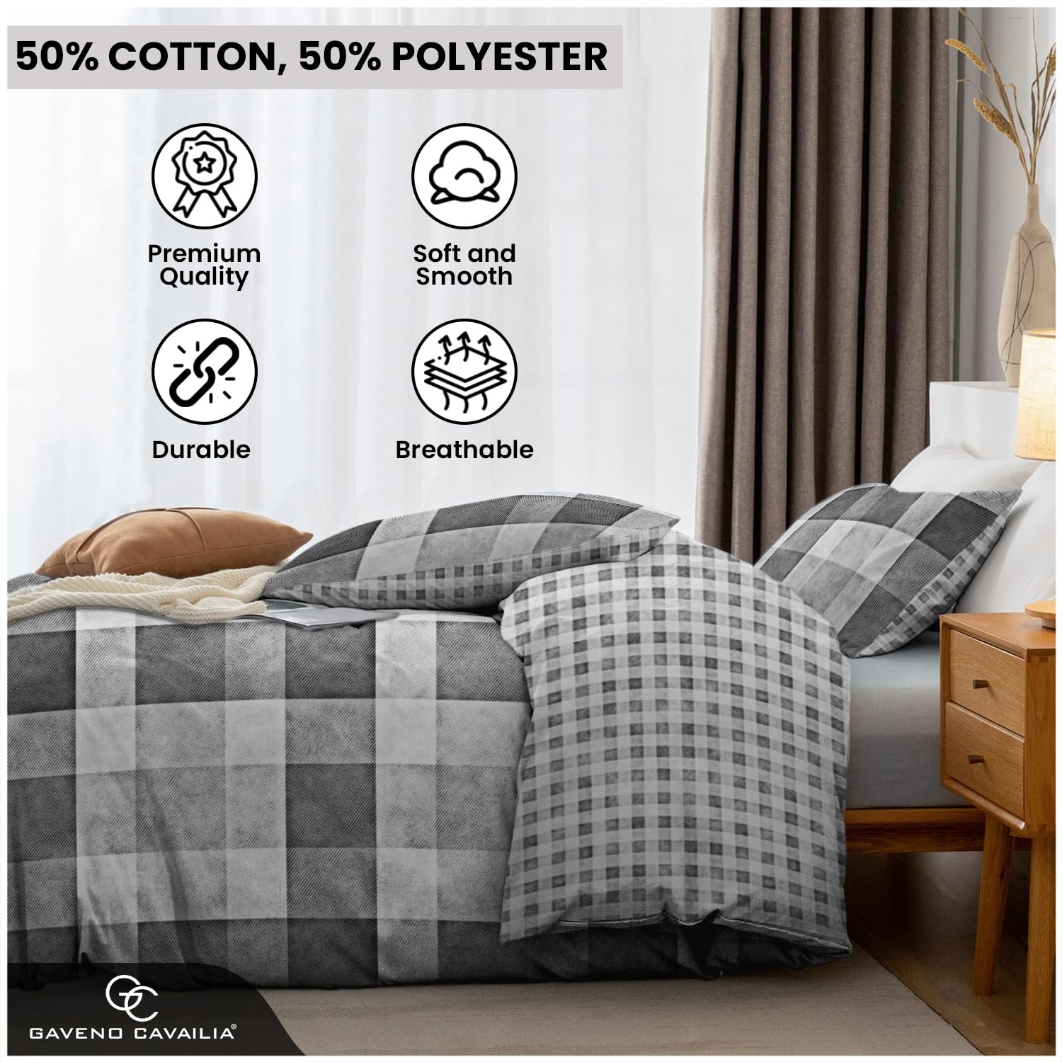 GC GAVENO CAVAILIA Luxury Denim Check King Size Duvet Cover Set | 50% Cotton/50% Polyester | 3 Piece 3