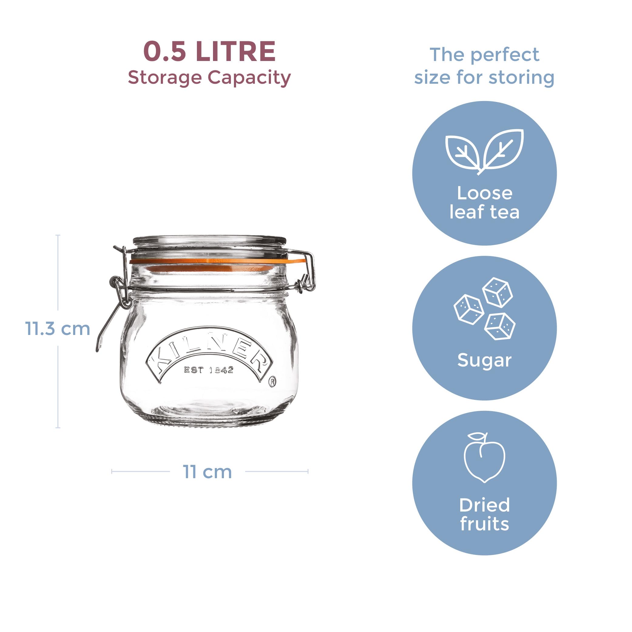 Kilner Set of 3 Round Clip Top Jars - 0.5 Litre Airtight Glass Storage for Preserving & Dry Foods 5