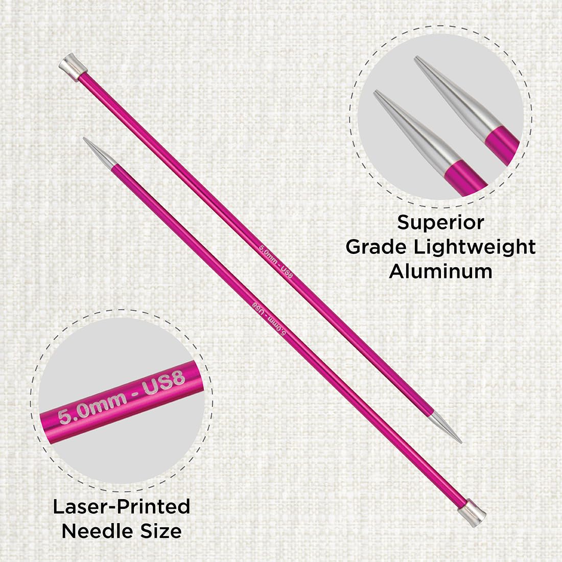 KNITPRO Zing Single Ended Knitting Needles - 5.00mm x 30cm | Lightweight Aluminium | Ruby Color 2