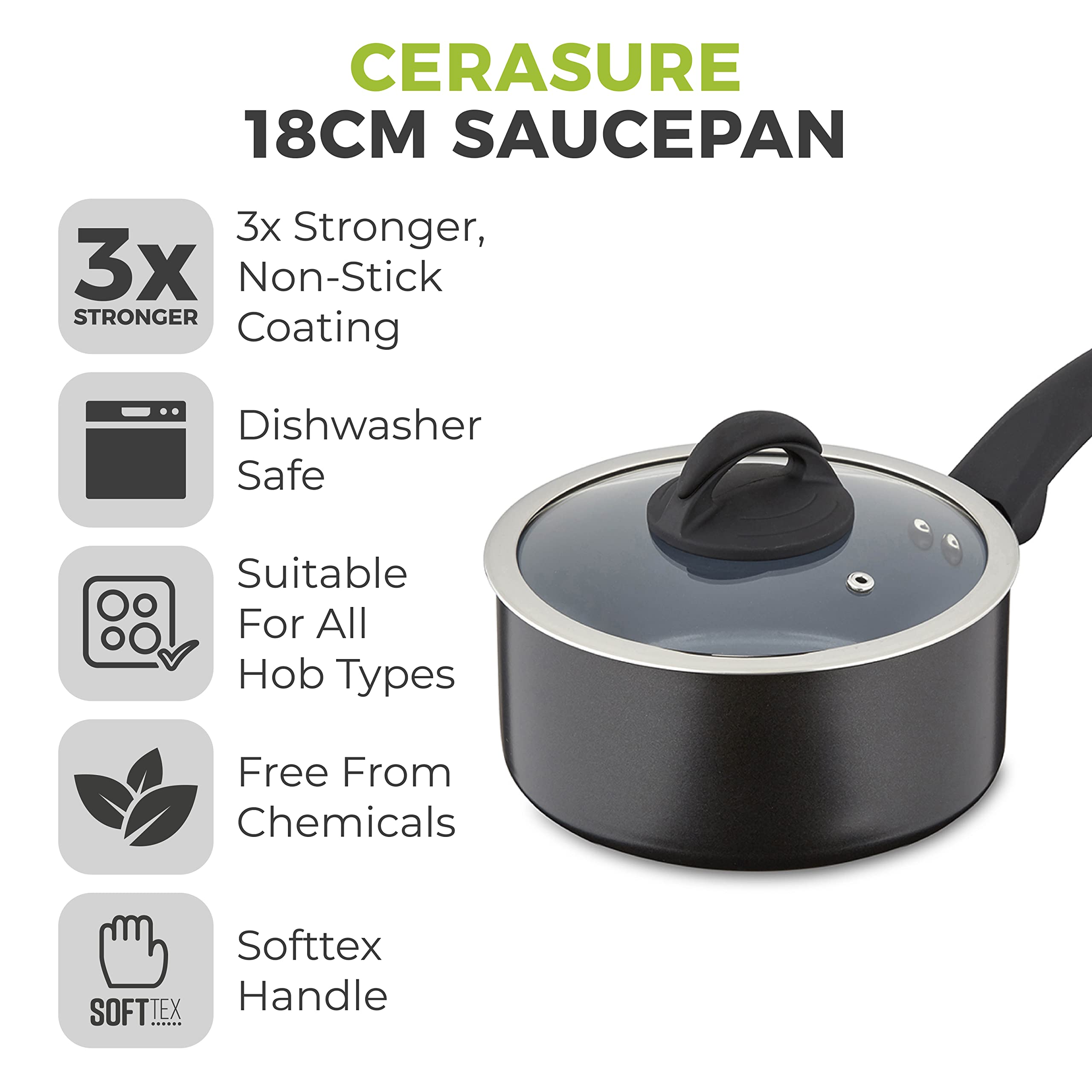 Tower T80357 Cerasure 18cm Saucepan with Non-Stick Coating | Suitable for All Hobs | Graphite 2