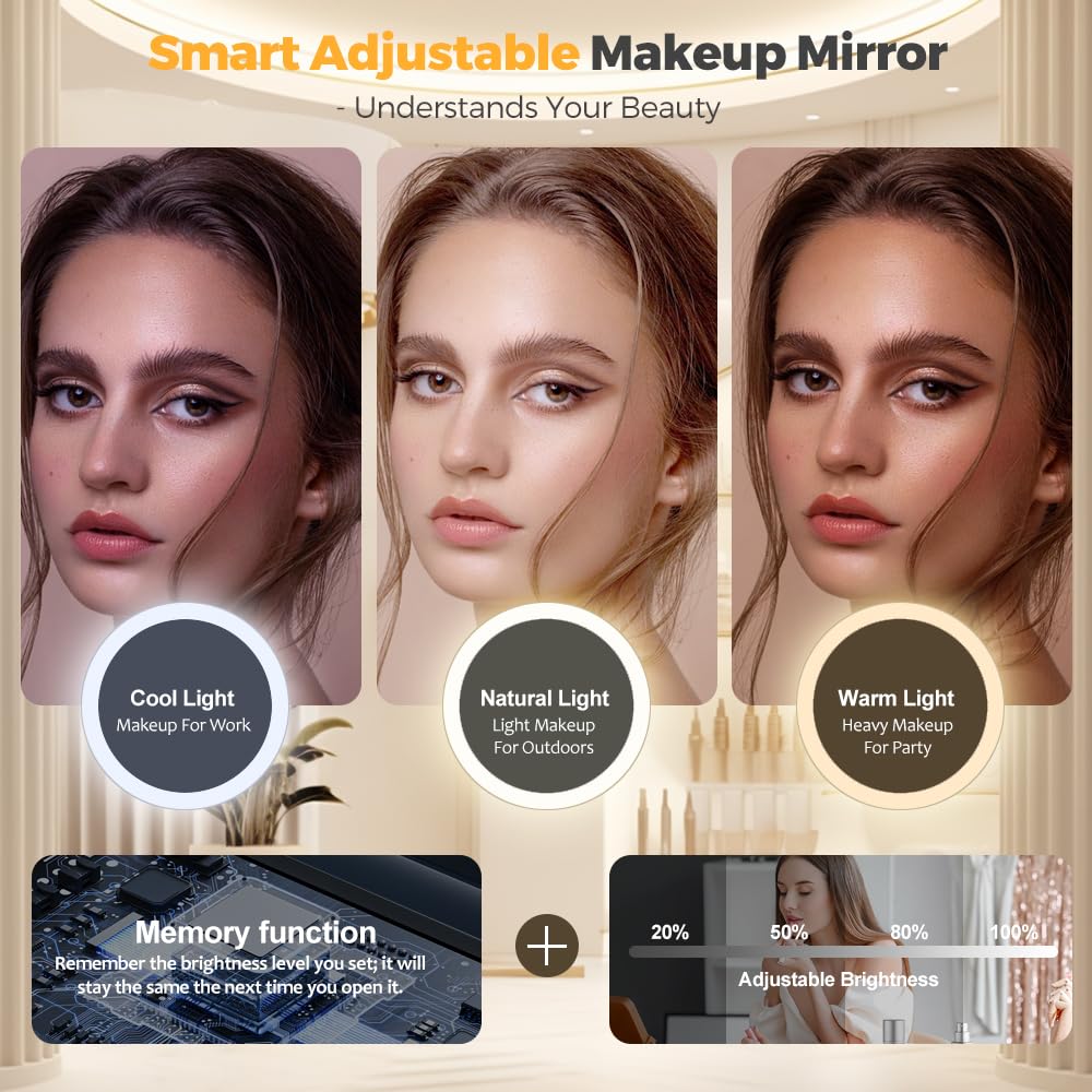 Woobroo Makeup Vanity Mirror with 22 LED Lights | Detachable 10X Magnification | Touch Sensor Dimming | White 2