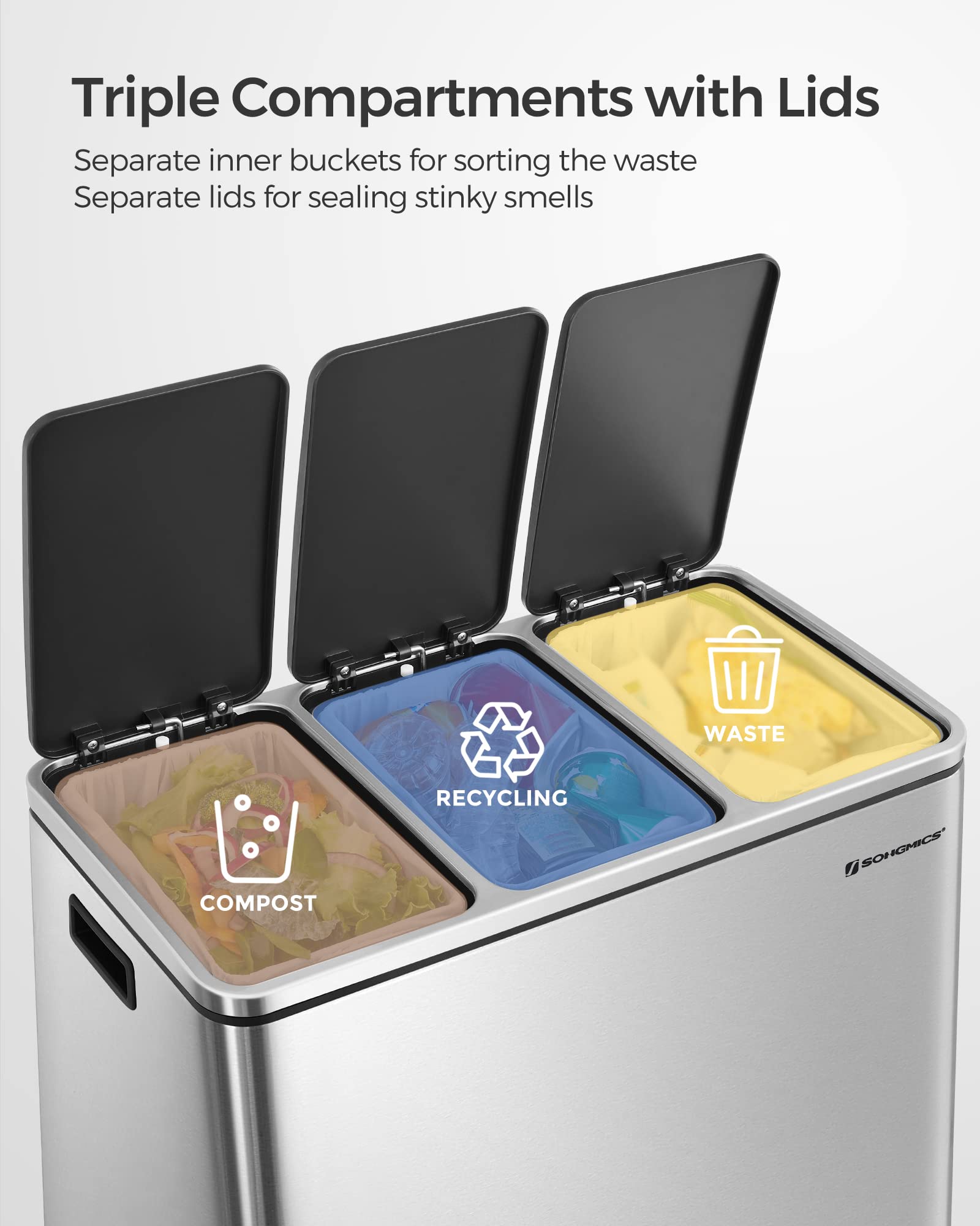 SONGMICS Kitchen Recycling Bin - 3 Compartments (3 x 18L) | Soft-Close Lids | Steel Metallic Silver LTB54NL 3