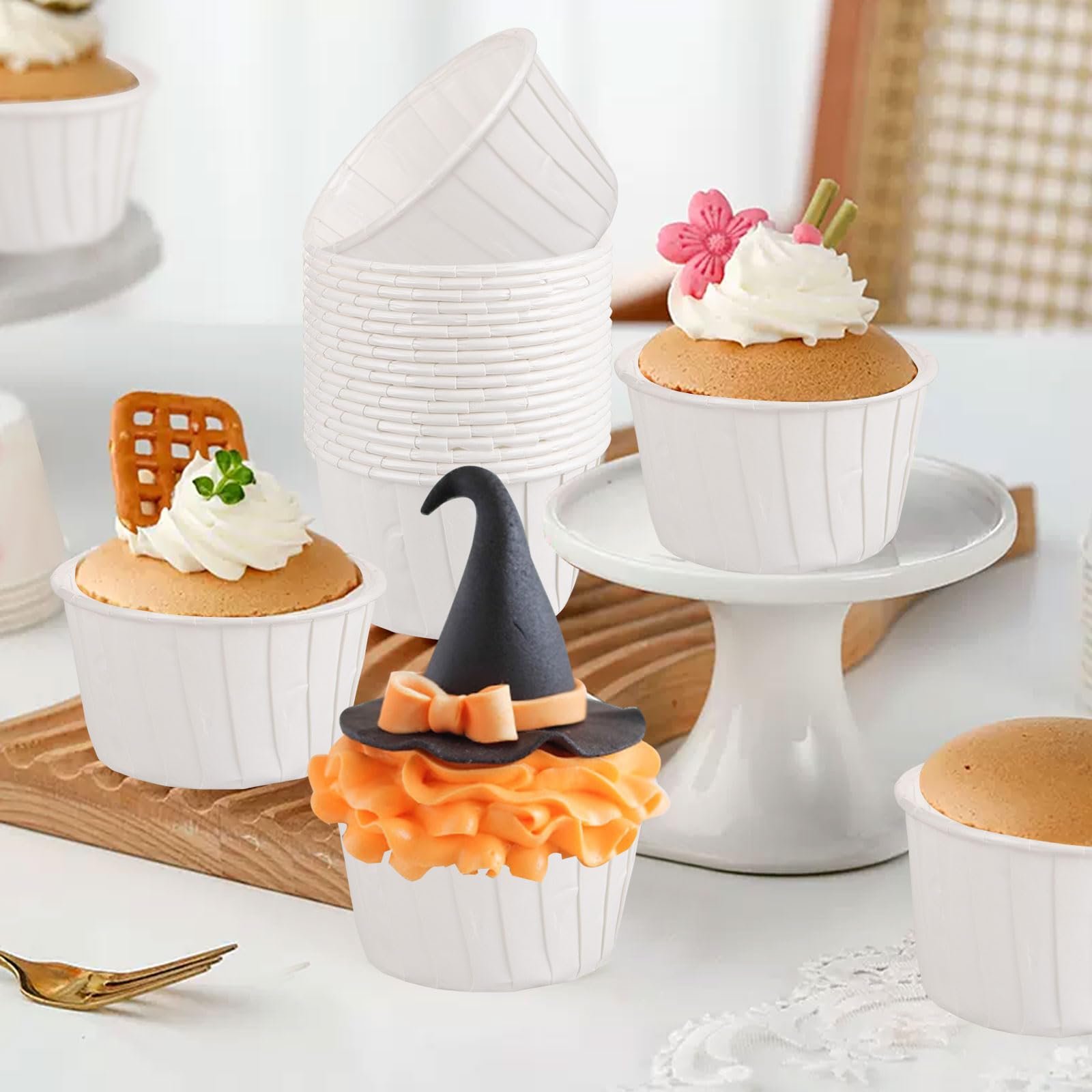 ASelected 100Pcs White Greaseproof Cupcake Liners | Standard Size 50x65x40mm | Food-Grade Paper 5