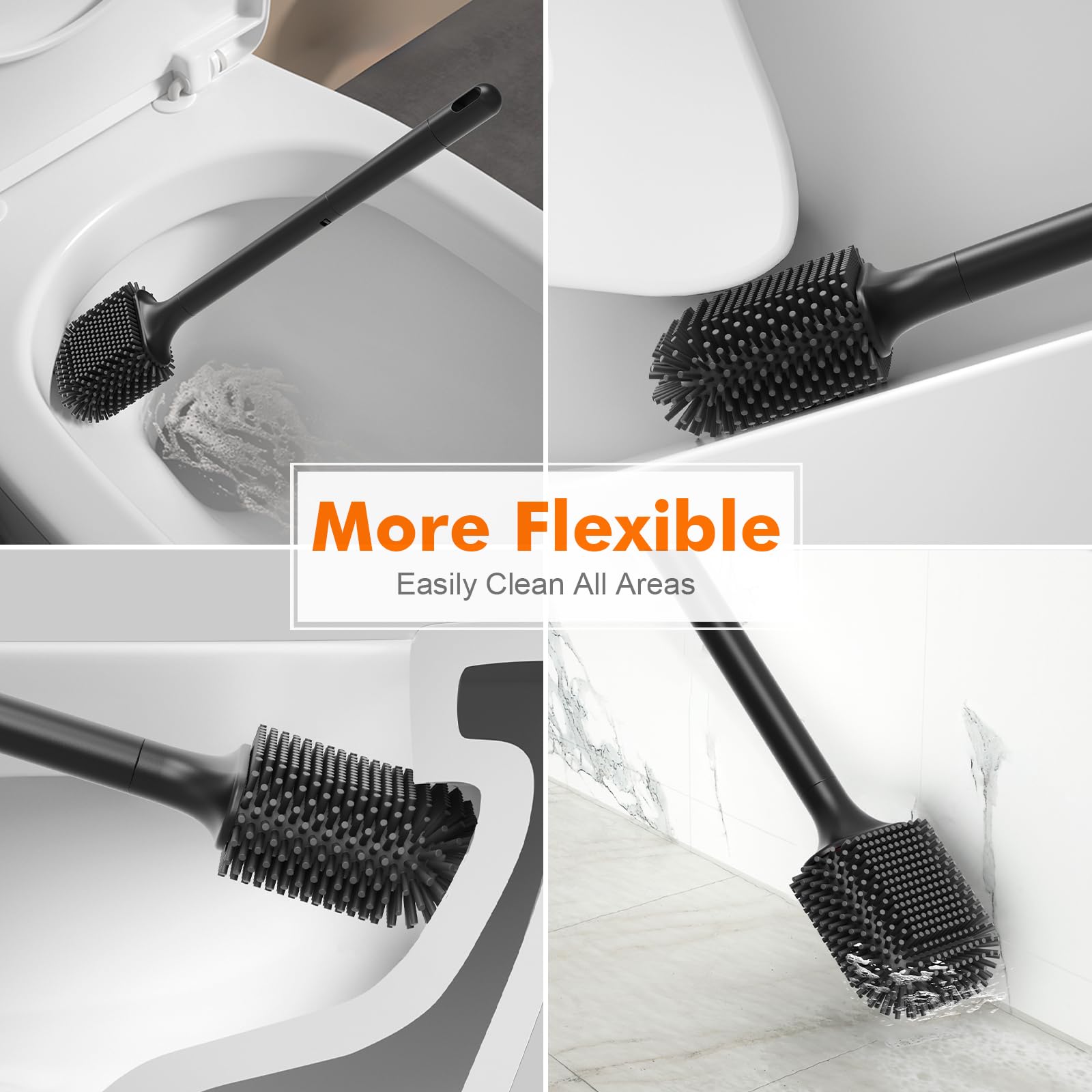 Ibergrif M34156B Black Silicone Toilet Brush & Holder Set | Deep Cleaning TPR Head | Drip Proof 7