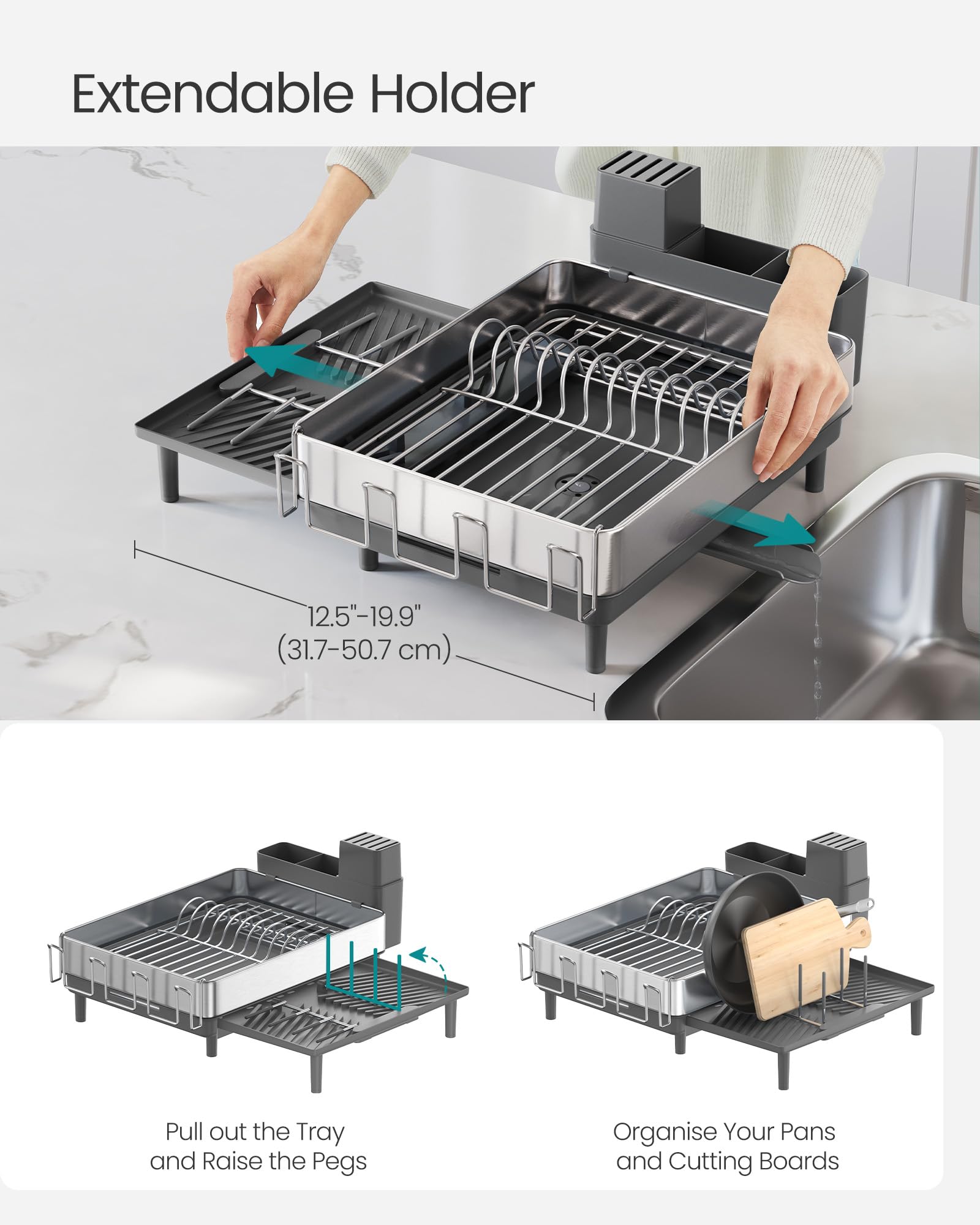 SONGMICS Expandable Dish Drainer Rack - Stainless Steel, Rust Resistant, Adjustable Spout | Silver + Grey 5