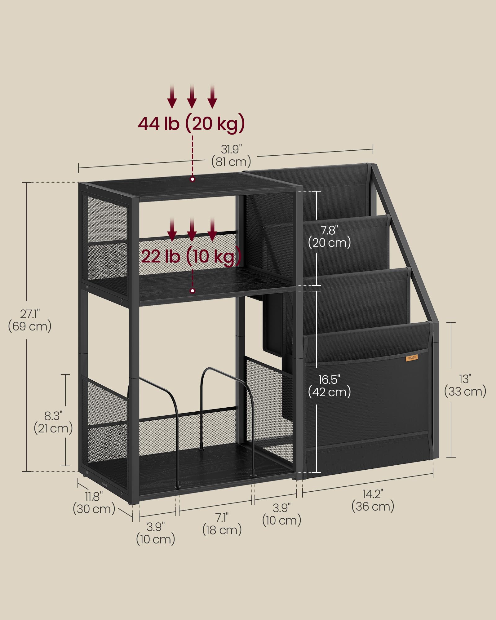 VASAGLE Record Player Stand - 3-Tier Storage for 140 Albums | Ebony Black End Table | 30 x 81 x 69 cm 4