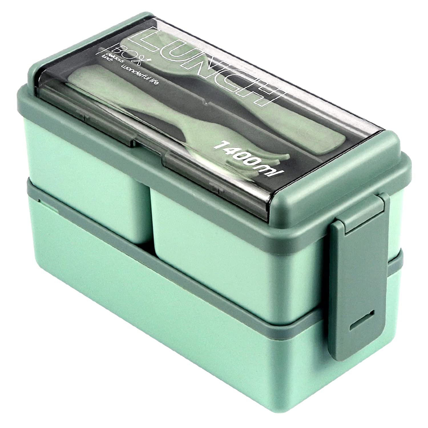 Lychico 1400ml Bento Box - Stackable 2 Layer, Green, with Spoon & Fork 1