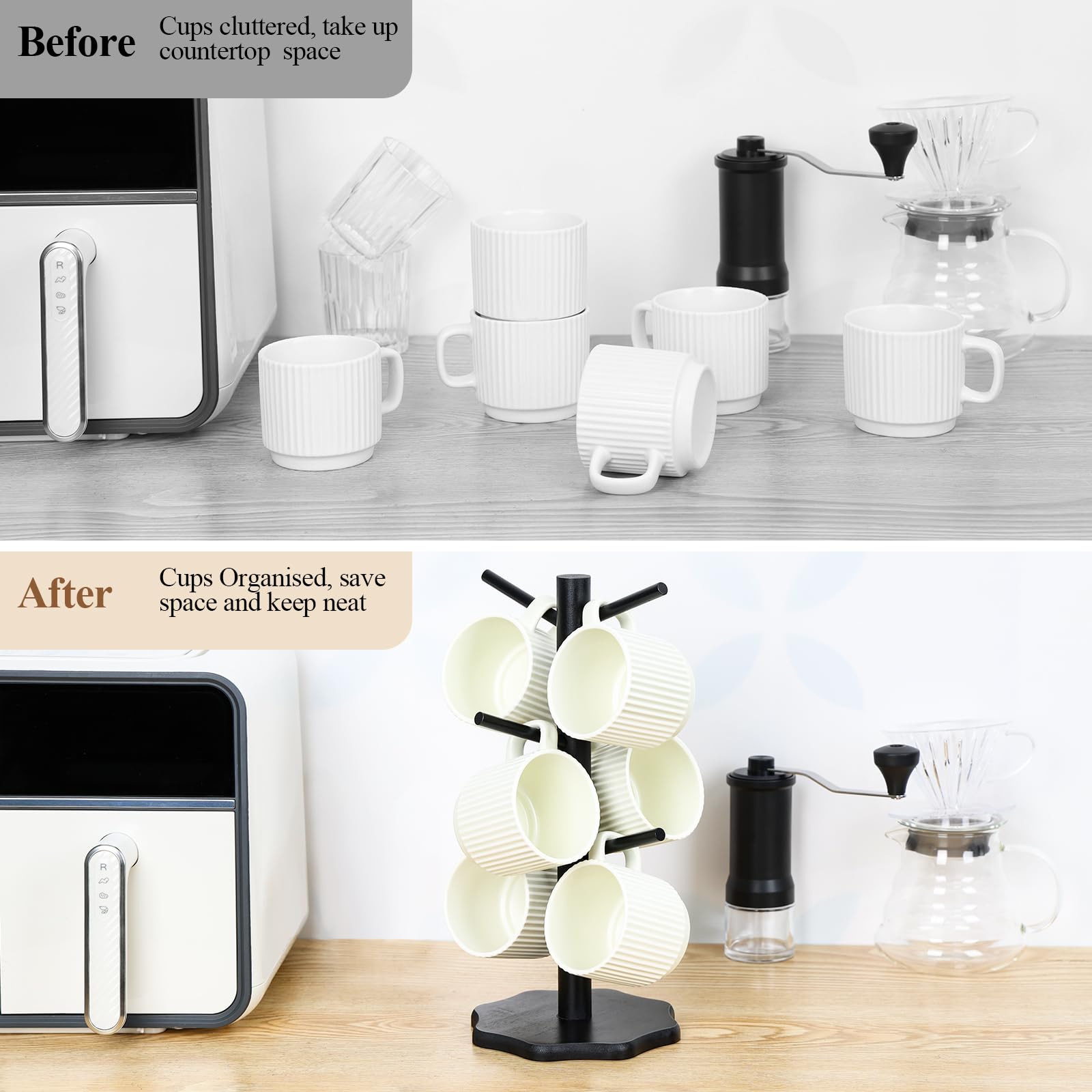 Euqvunn Wooden Mug Tree Holder for 6 Mugs | Black Finish | Easy 2-Step Install 6