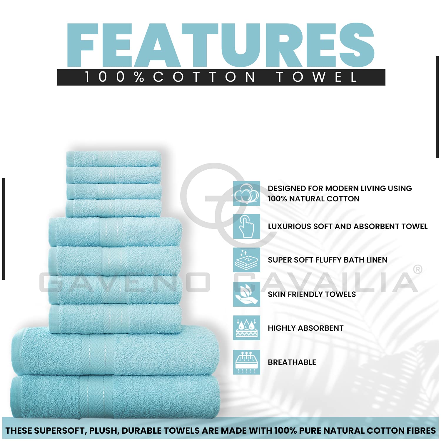 GC GAVENO CAVAILIA 10 Piece Cotton Towel Set - 450 GSM | Aqua Color | Soft Feel 2
