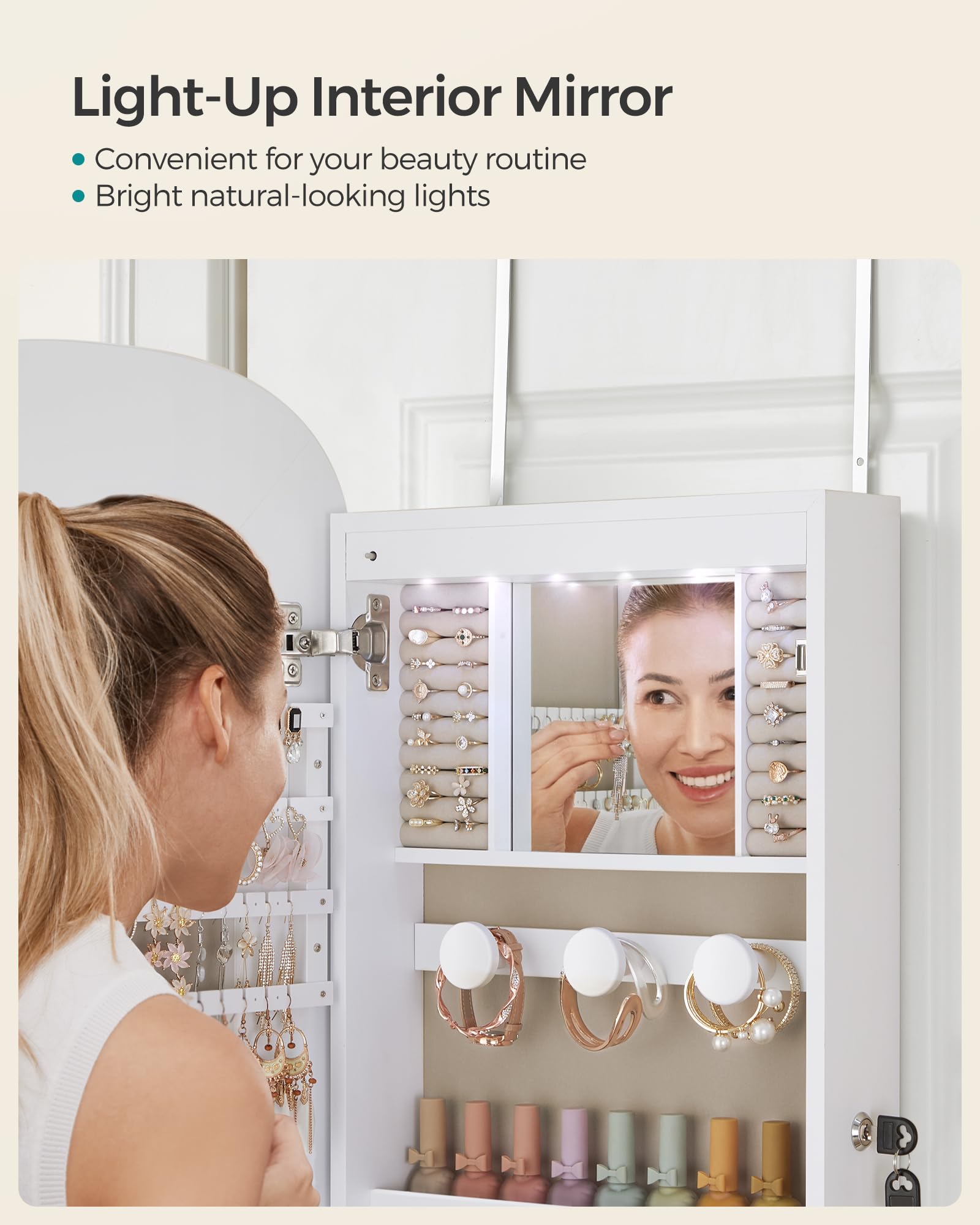 SONGMICS LED Mirror Jewellery Cabinet - Wall/Door Mounted | Lockable | White + Greige 7