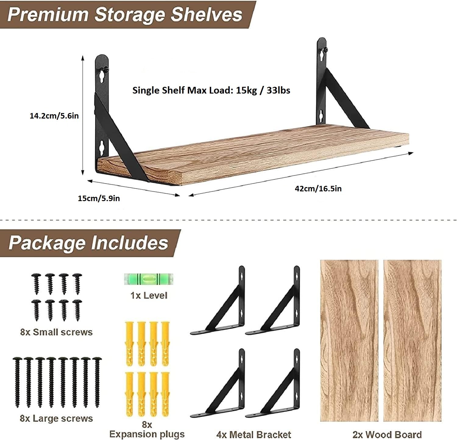 himaly Rustic Wooden Floating Shelves Set of 2 | Max Load 15kg | Light Wood Finish | 42x14.2x15cm 3
