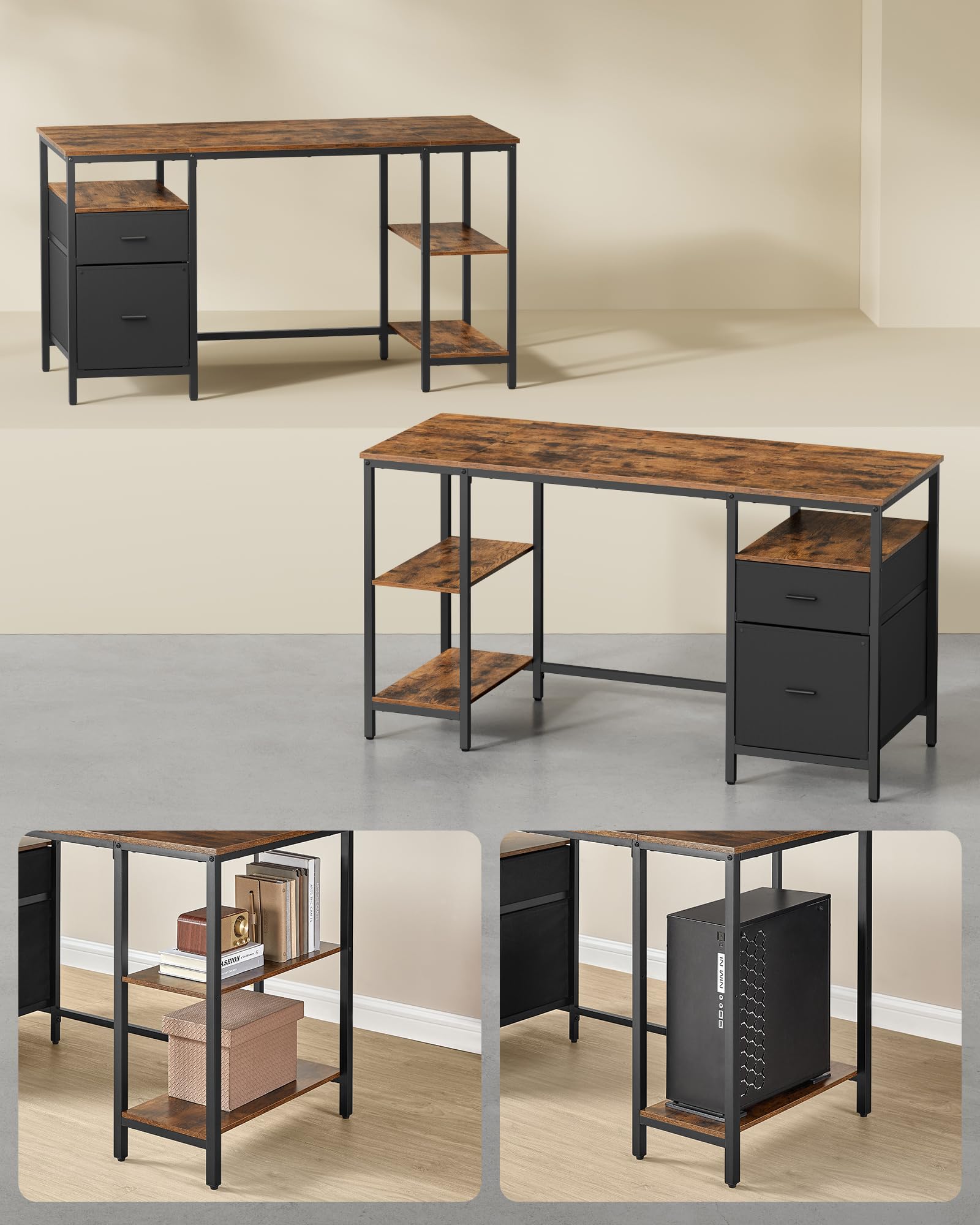VASAGLE Computer Desk with 3 Shelves and 2 Drawers | 140 x 60 cm Desktop | Rustic Brown + Ink Black 4