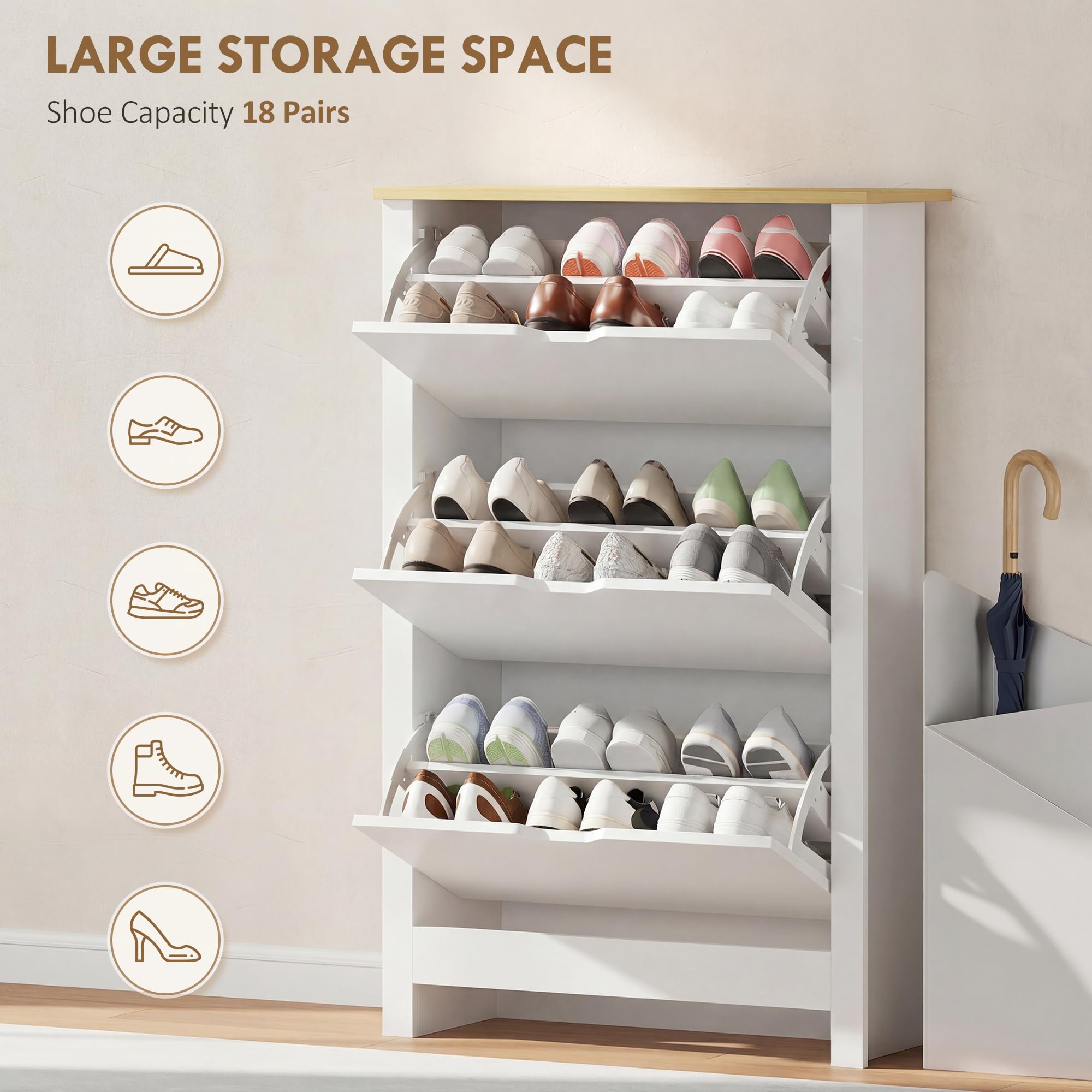 HOMCOM Narrow Shoe Cabinet - Space Saving Storage with 3 Flip Drawers | White | 26cm Depth 4