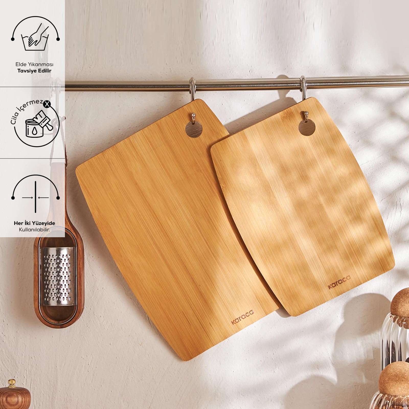 KARACA Bade Bamboo Chopping Board Set - 2-Piece Wooden Cutting Board, Large & Small 2