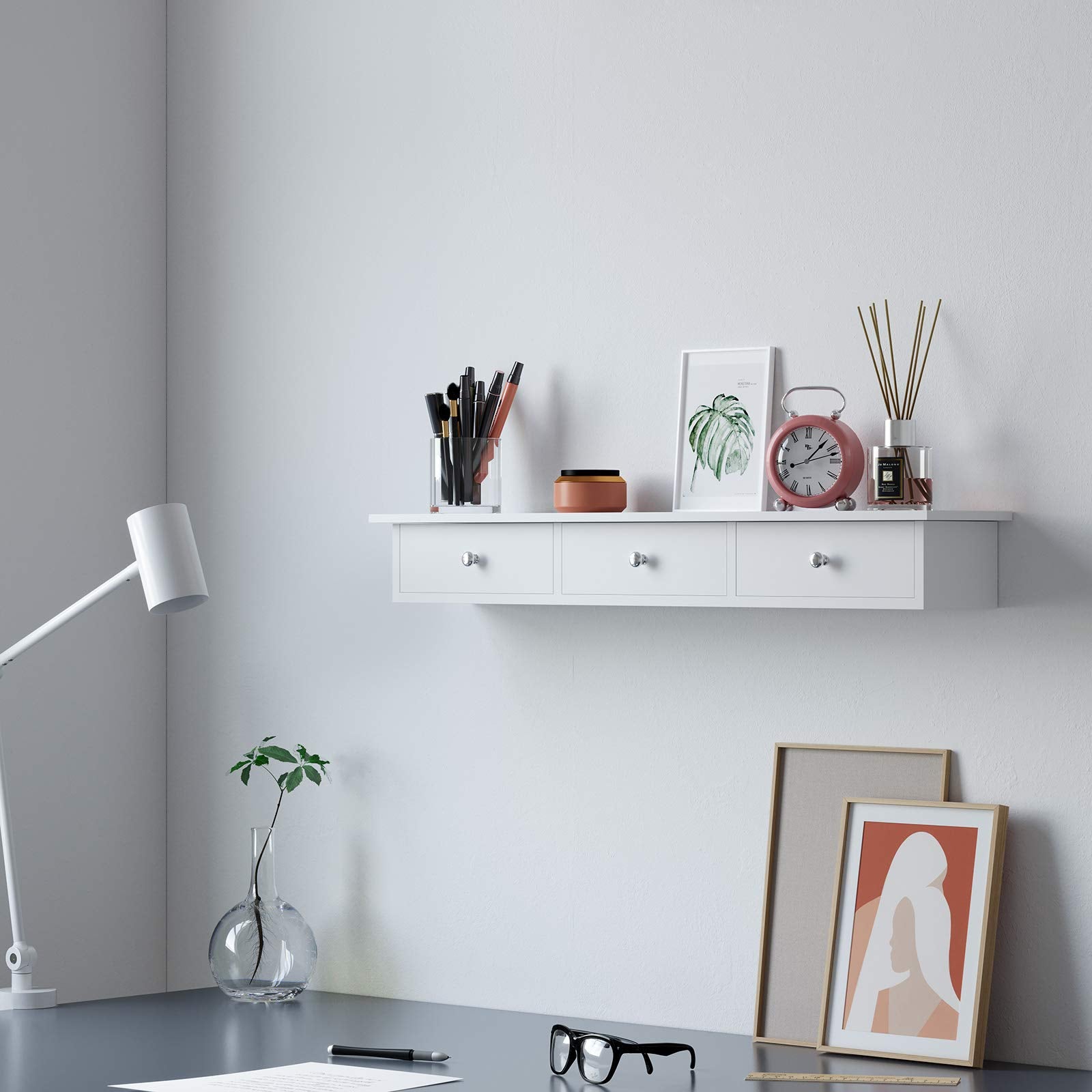 SONGMICS Floating Wall Shelf with 3 Drawers - White | 80 x 15 x 10 cm | Engineered Wood 4