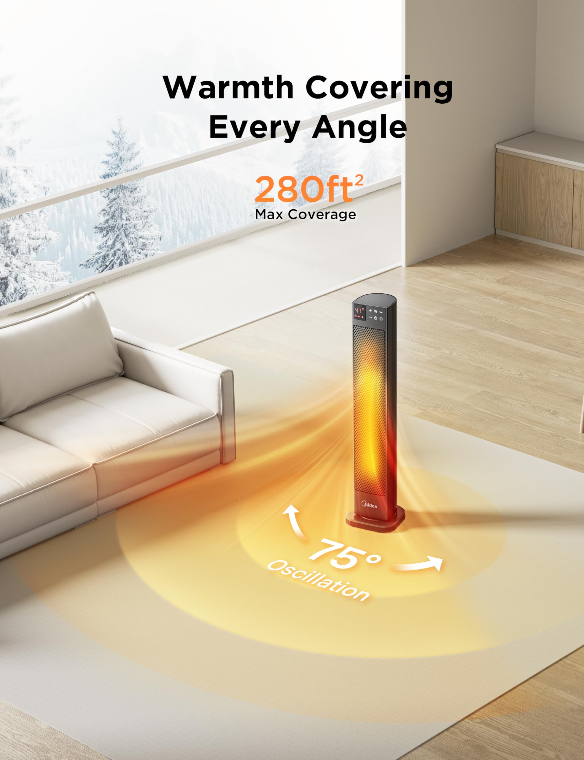 Midea 30 Inch Tower Ceramic Heater - 2000W, 75° Oscillation, Remote Control, 24H Timer 4