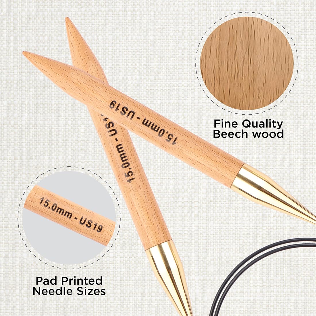 KnitPro Basix Beech Fixed Circular Needles - 15.00mm | 80cm Length | Beech Wood 2