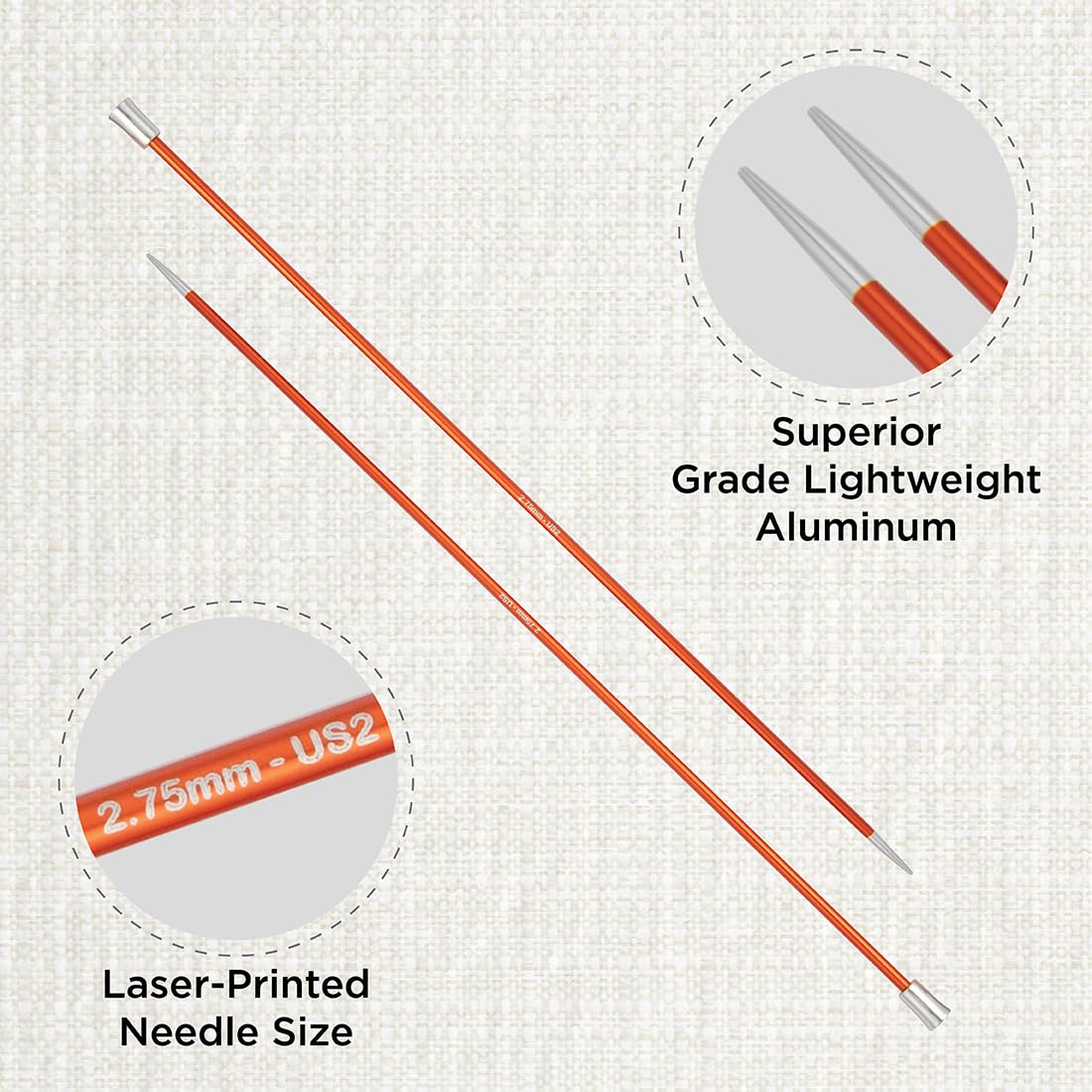 KnitPro Zing Single Pointed Knitting Needles - 2.75mm Size | 25cm Length | Lightweight Aluminium 2